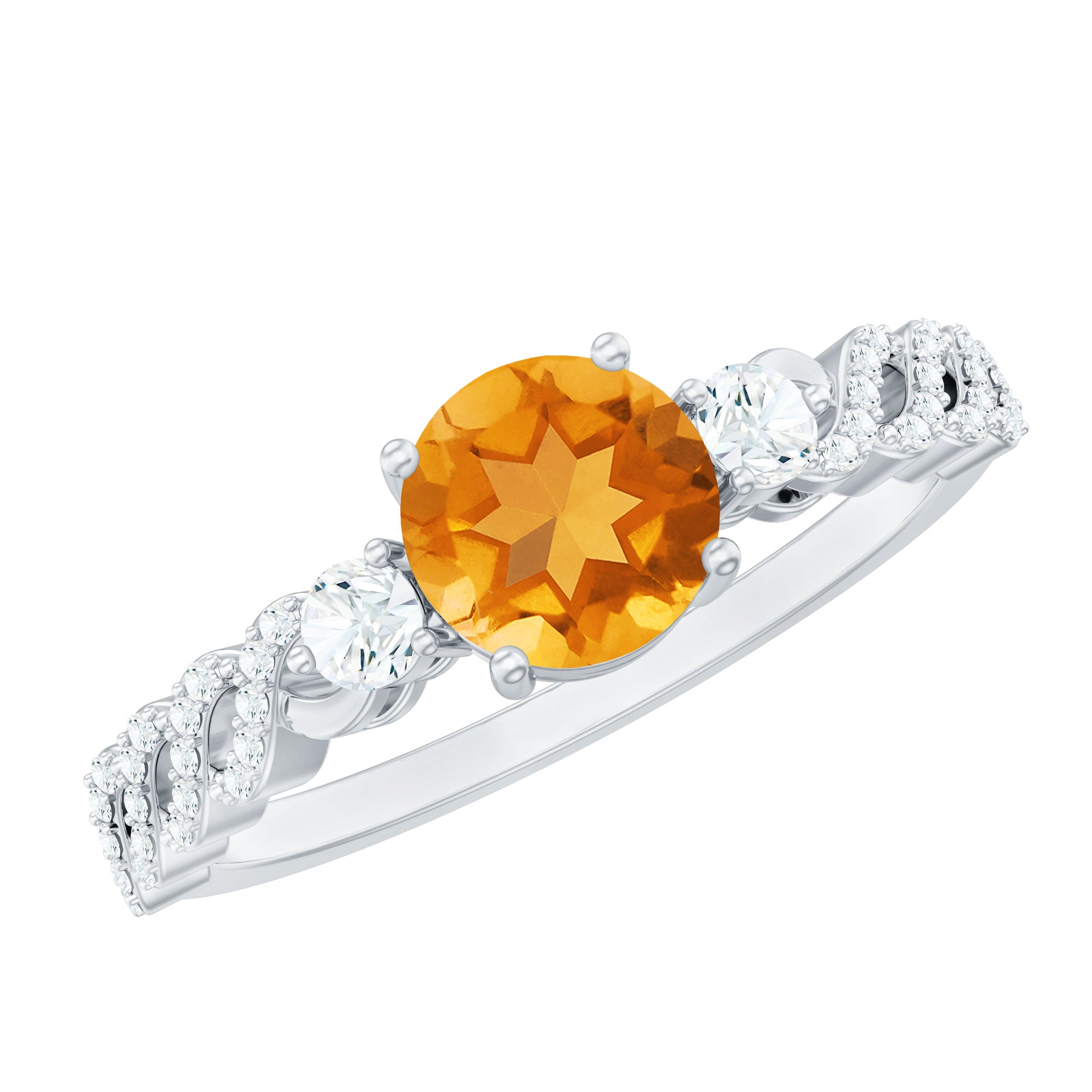 Round Shape Citrine Designer Engagement Ring with Diamond Side Stones