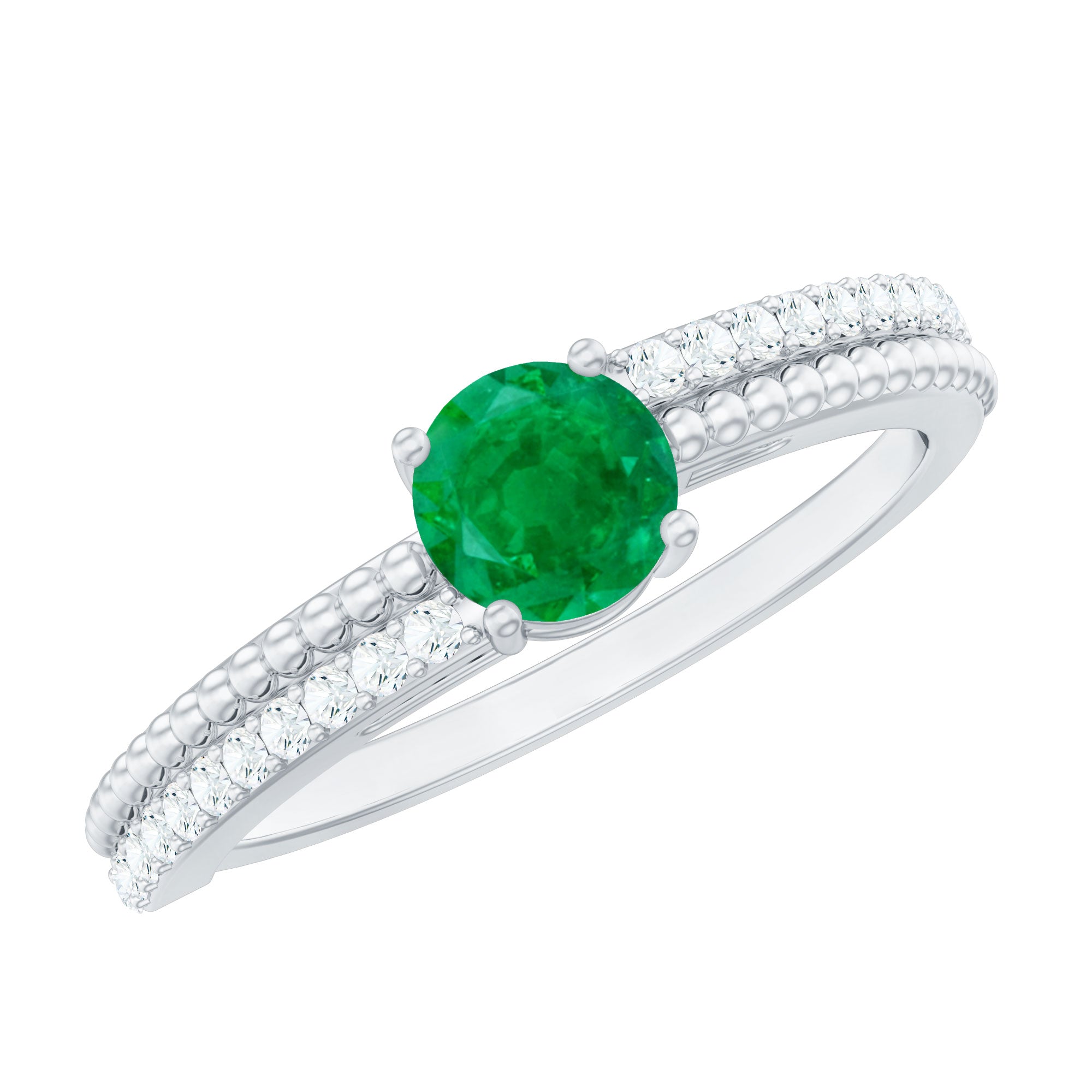 Certified Real Emerald Diamond Engagement Ring with Beaded Detailing AAA - Rosec Jewels