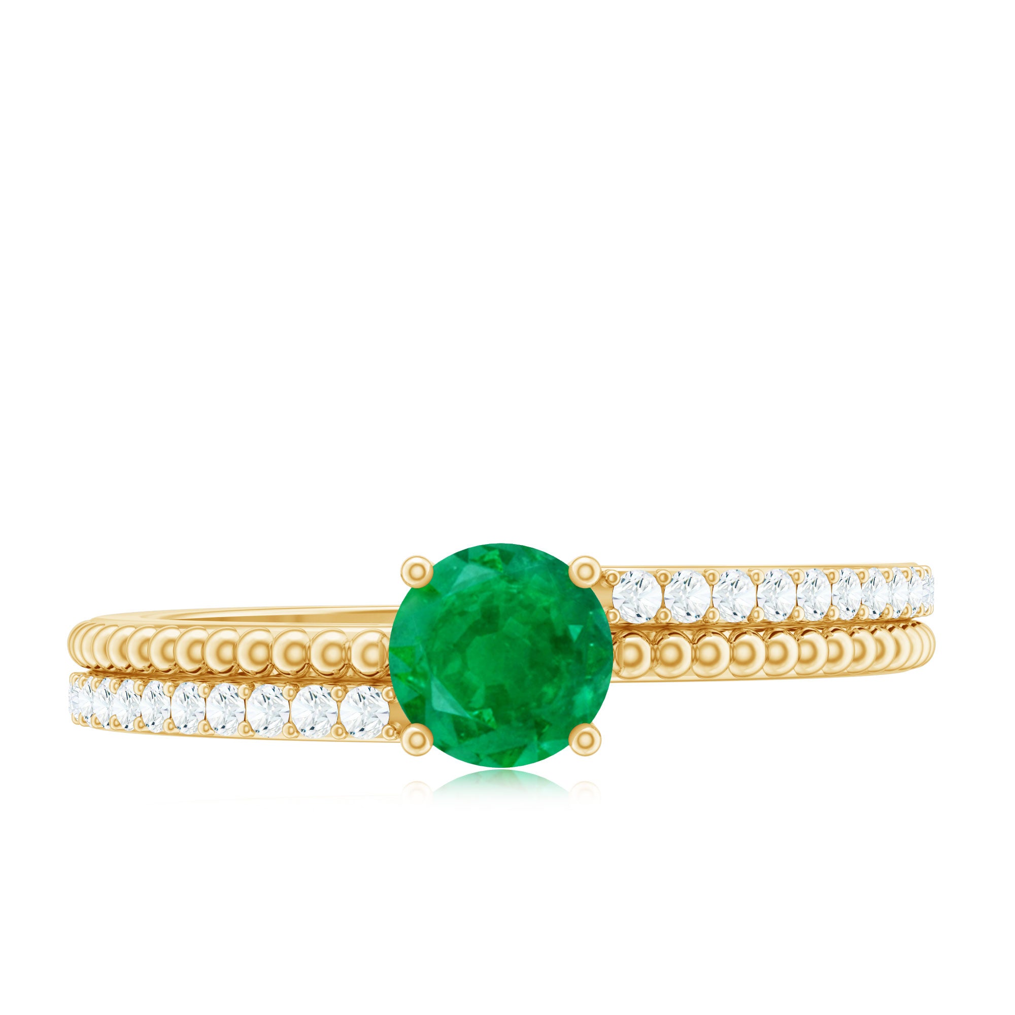 Certified Real Emerald Diamond Engagement Ring with Beaded Detailing AAA - Rosec Jewels