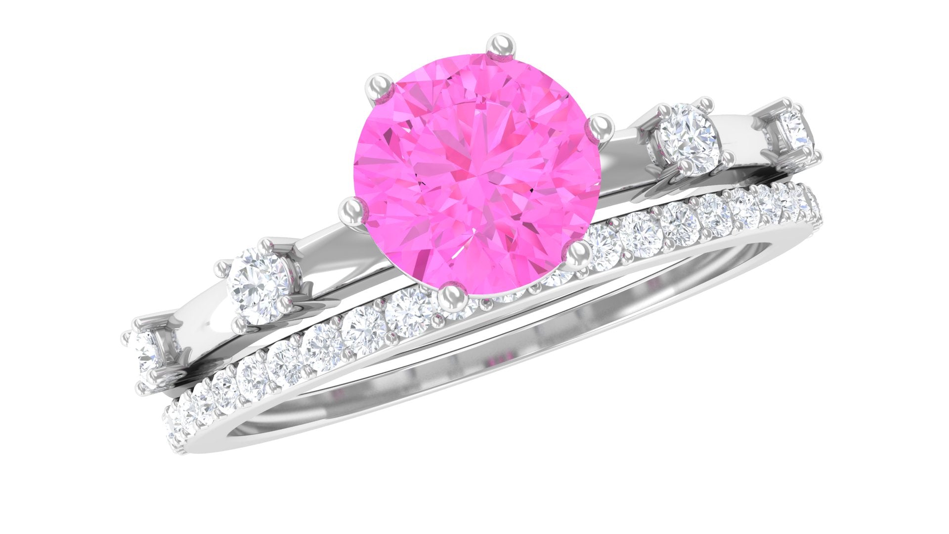 Round Pink Sapphire and Diamond Simple Ring Set