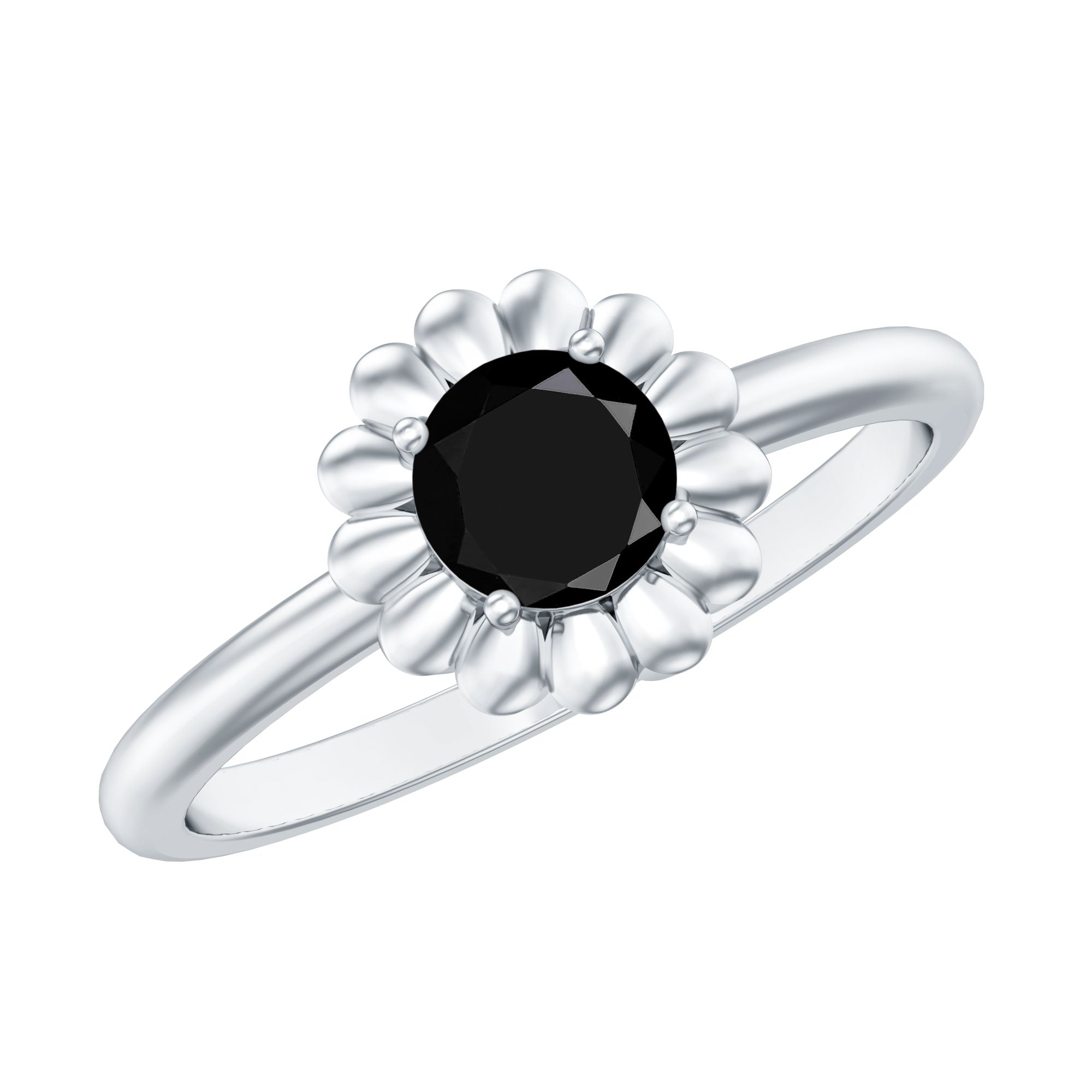 3/4 CT Round Cut Solitaire Created Black Diamond Gold Flower Ring