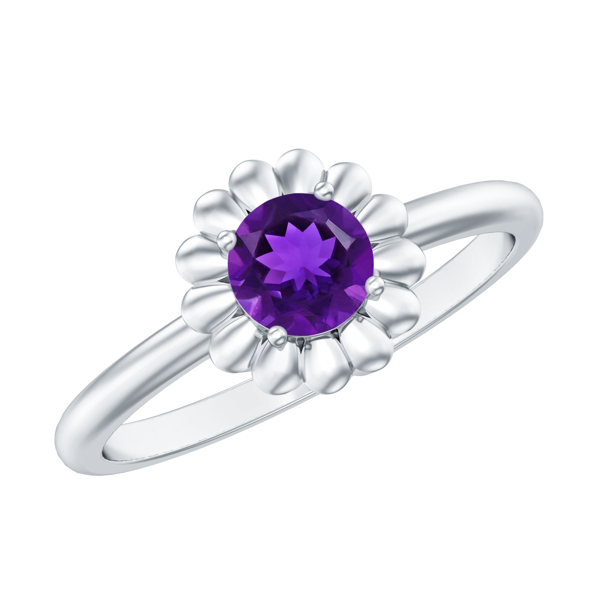 Round Cut Solitaire Amethyst Flower Ring