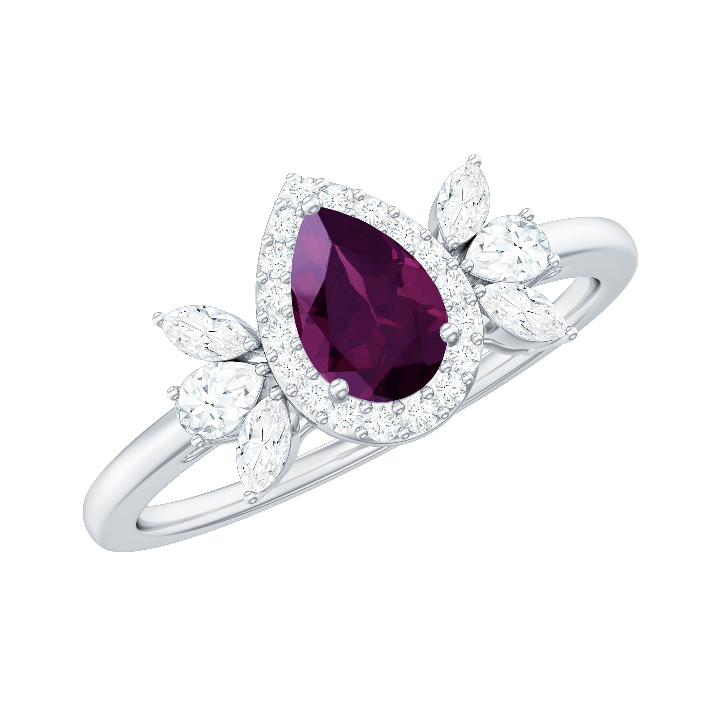 1.25 CT Pear Cut Rhodolite Engagement Ring with Diamond Halo
