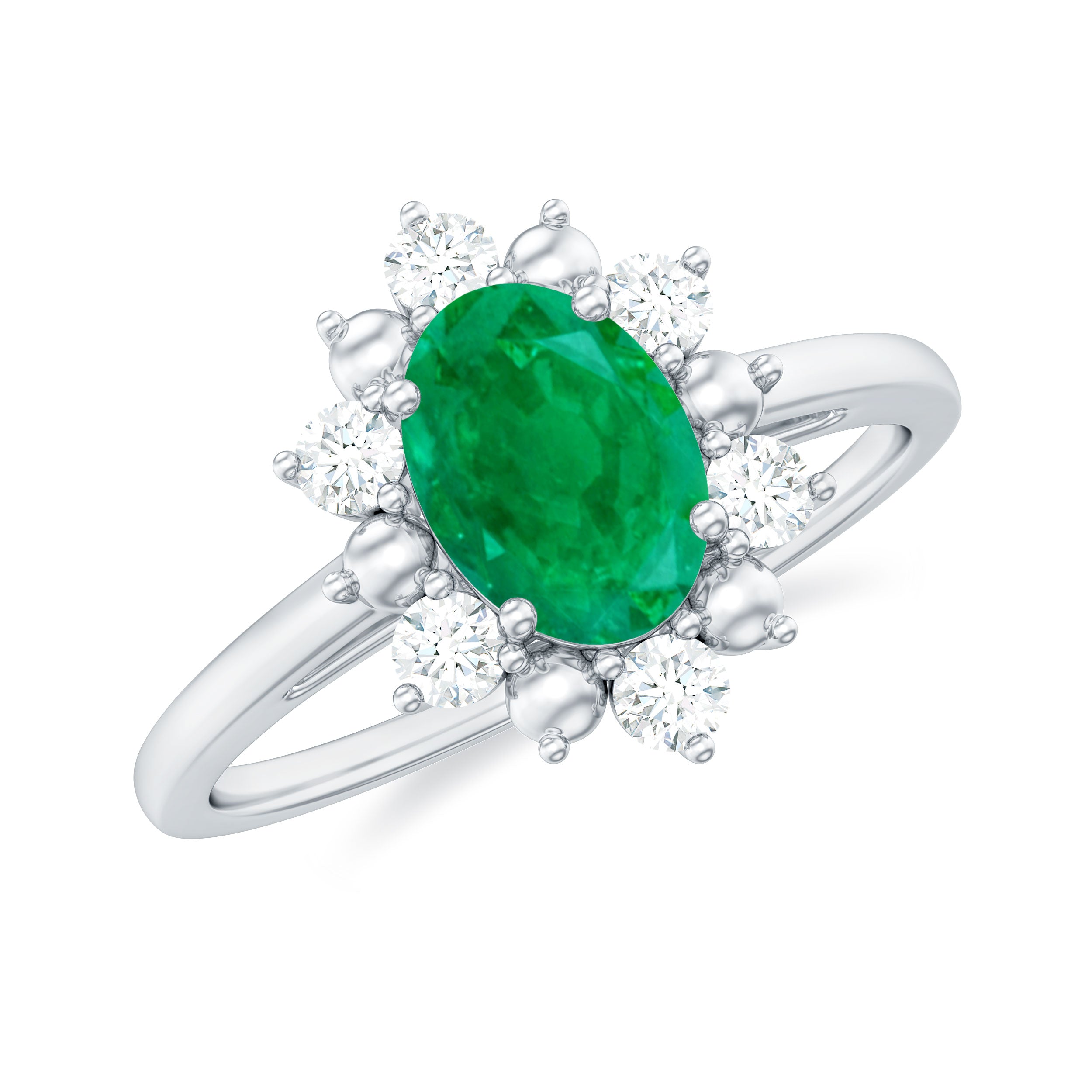 Natural 5X7mm Oval Emerald Engagement Ring with Diamond Halo