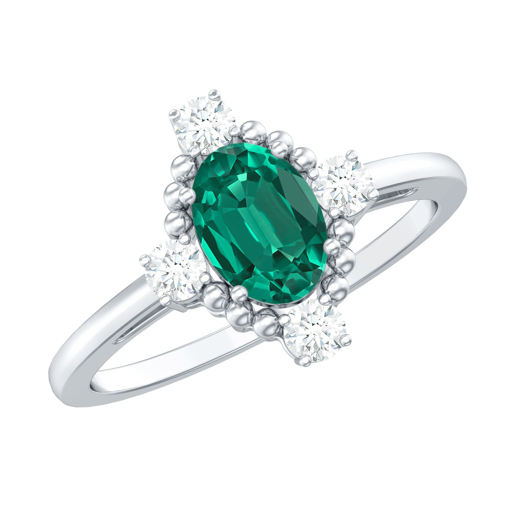 Vintage Inspired Lab Grown Emerald Oval Engagement Ring with Diamond