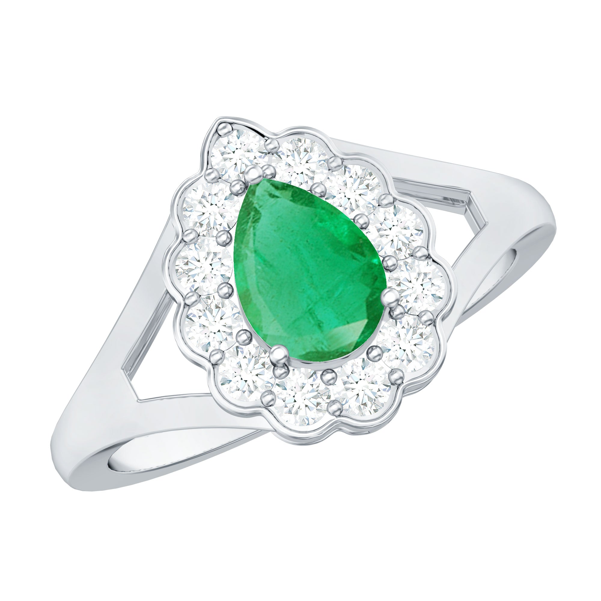 5X7 mm Pear Cut Emerald Engagement Ring with Diamond Halo