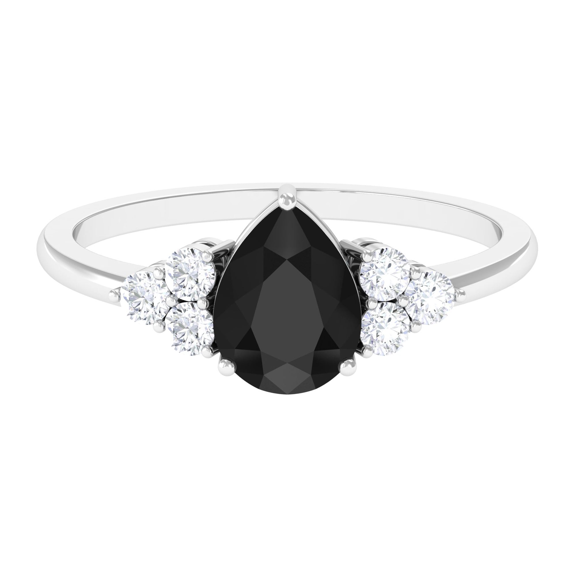 Pear Cut Created Black Diamond Solitaire Ring with Diamond Trio