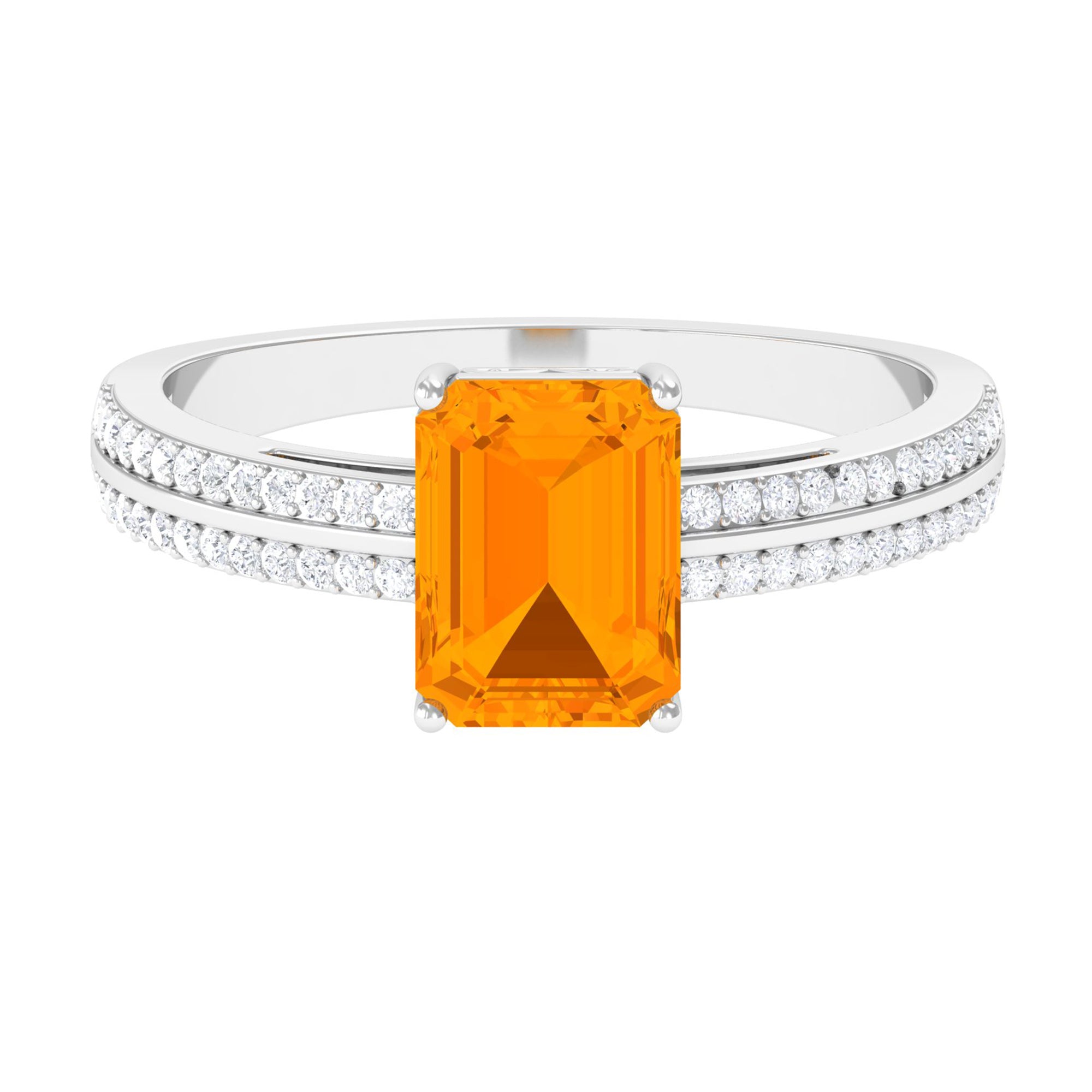 2 CT Emerald Cut Fire Opal and Diamond Side Stone Engagement Ring