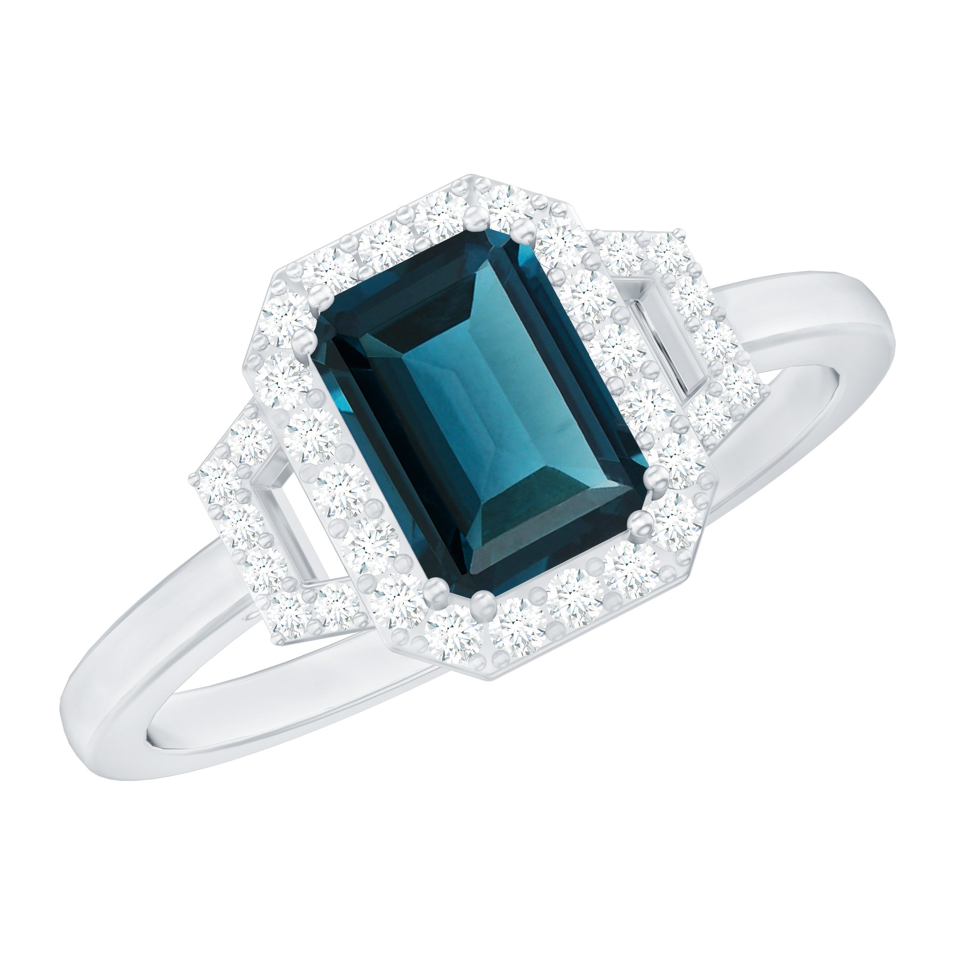 Emerald Cut Blue Topaz and Diamond Halo Engagement Ring
