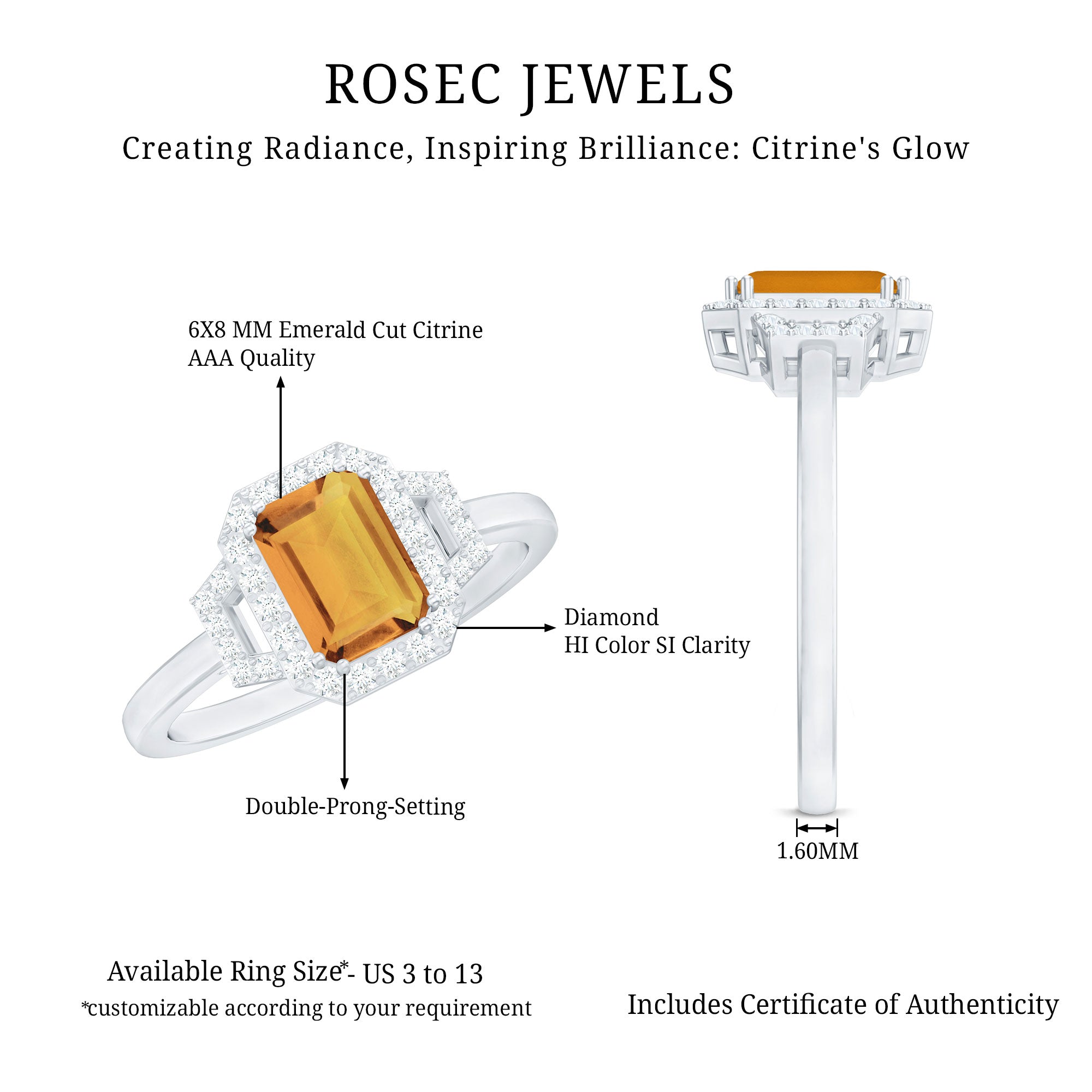 Genuine Citrine Emerald Cut Engagement Ring with Diamond Halo AAA - Rosec Jewels