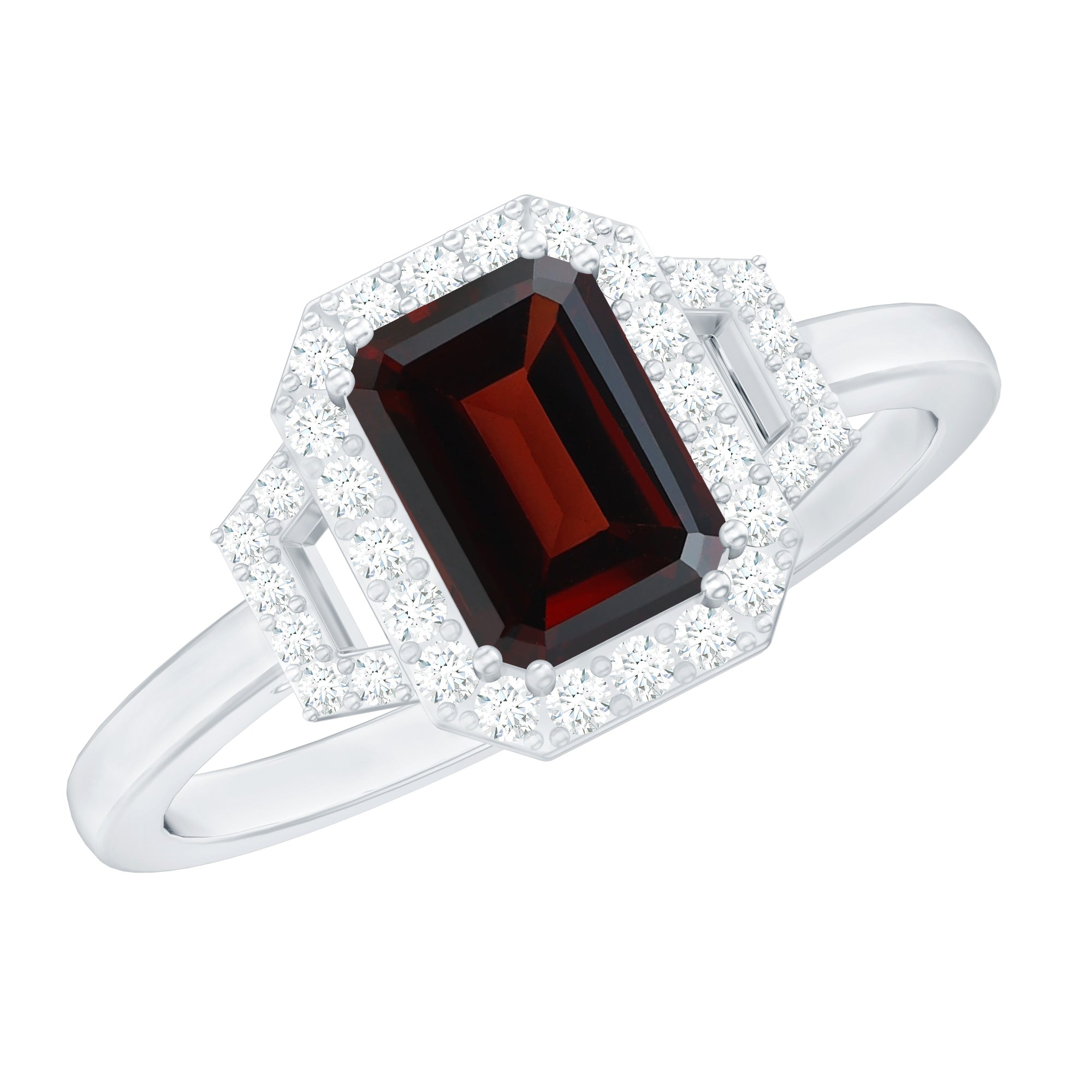 Real 6X8mm Garnet Emerald Cut Engagement Ring with Diamond Halo AAA - Rosec Jewels