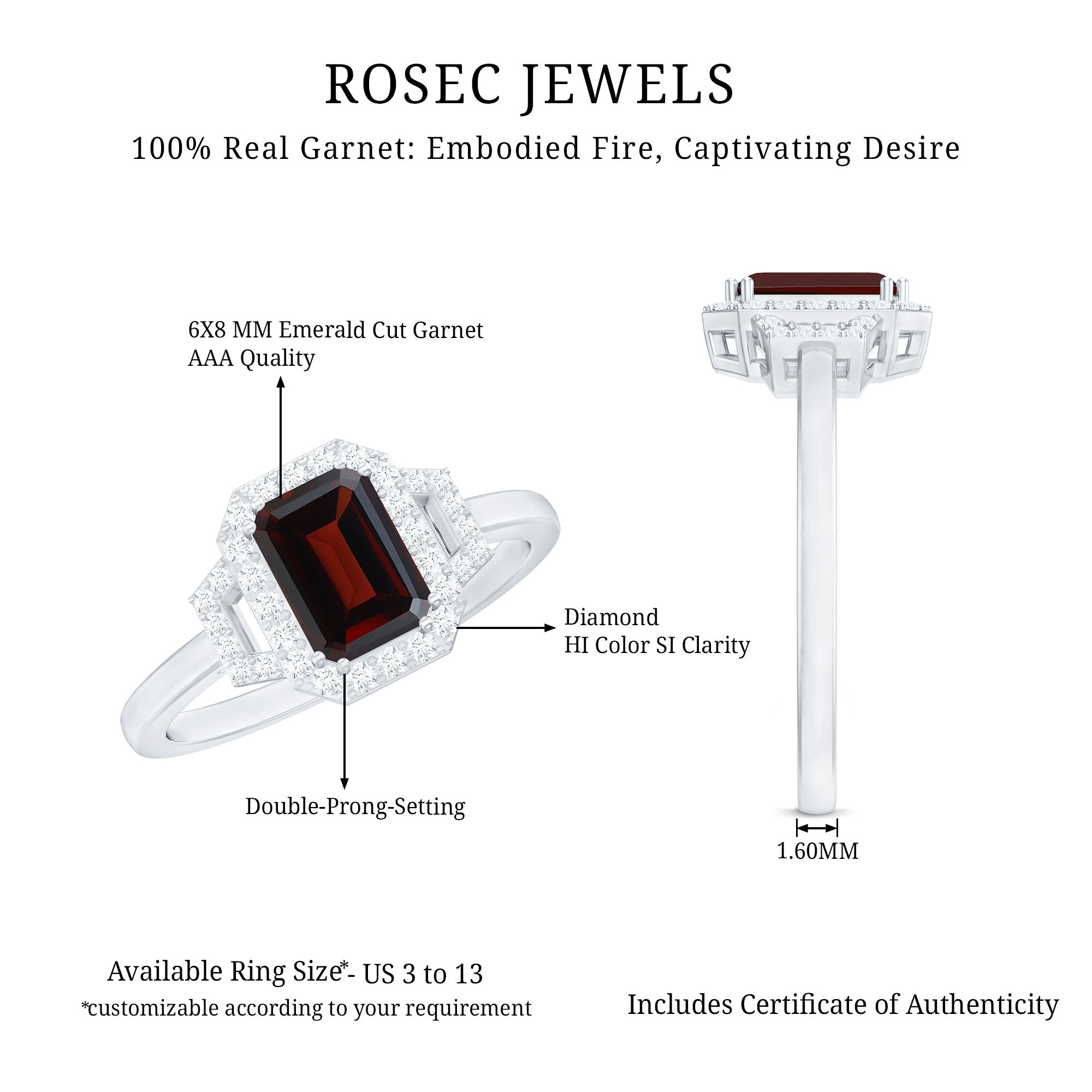 Real 6X8mm Garnet Emerald Cut Engagement Ring with Diamond Halo AAA - Rosec Jewels