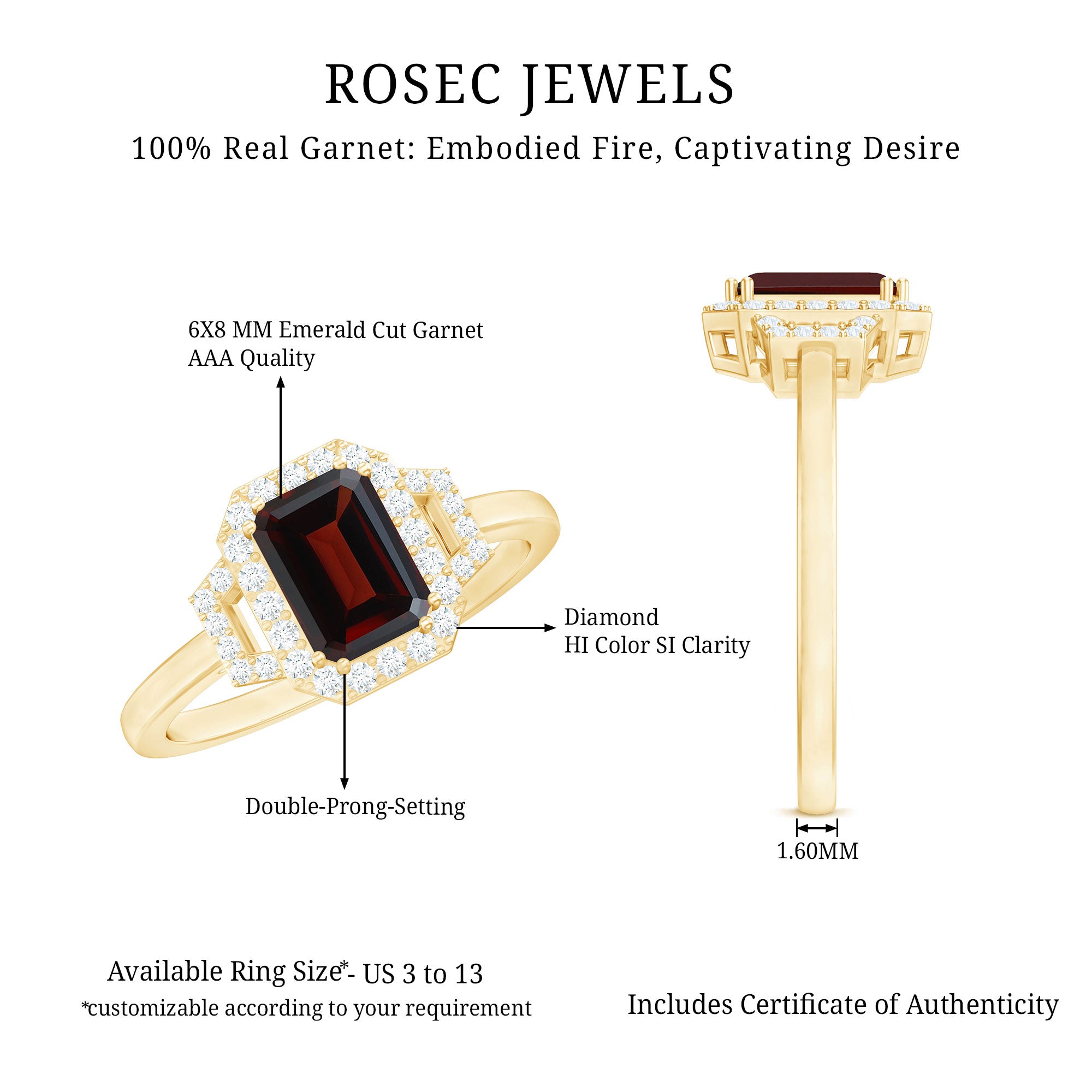 Real 6X8mm Garnet Emerald Cut Engagement Ring with Diamond Halo AAA - Rosec Jewels