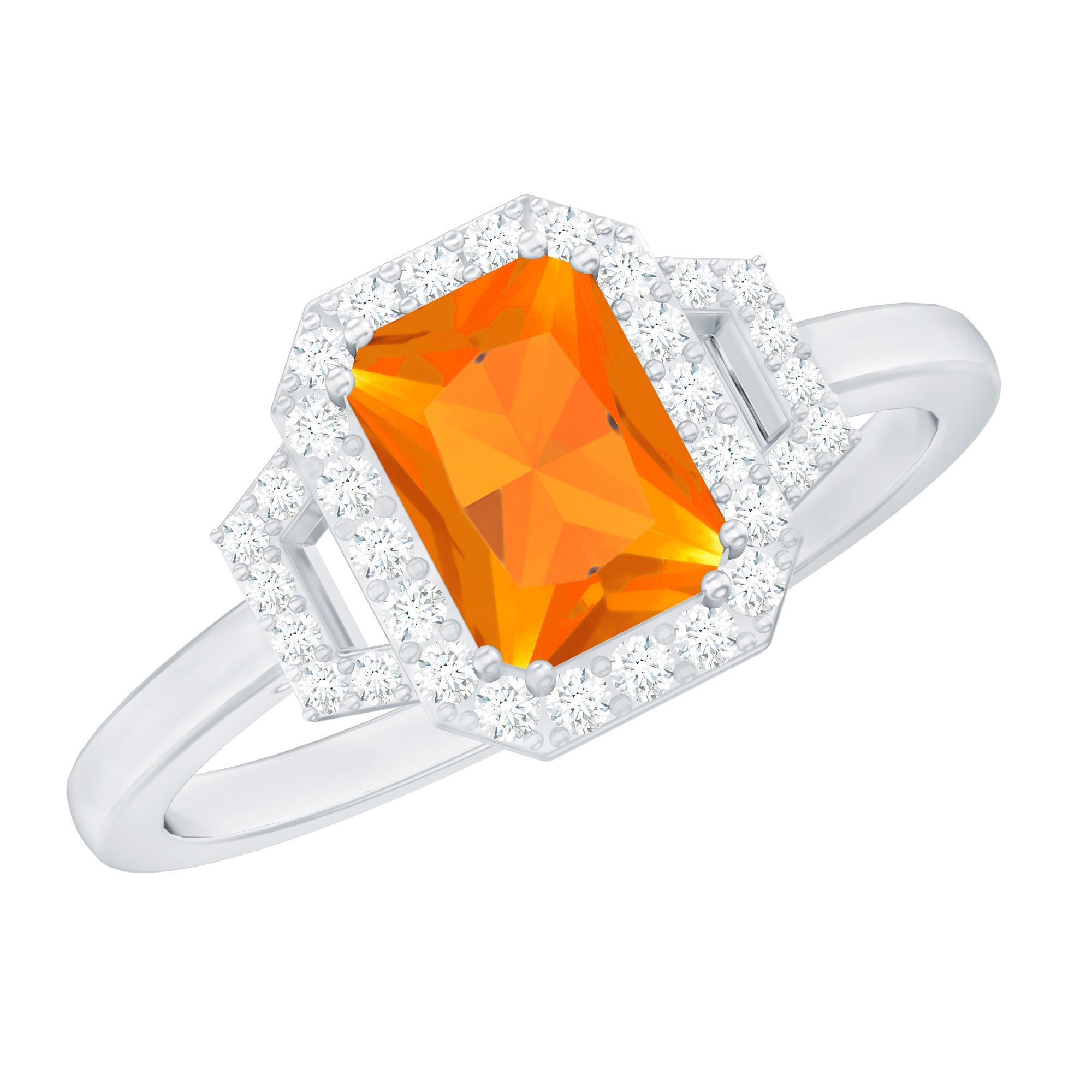 Emerald Cut Fire Opal Statement Engagement Ring with Diamond