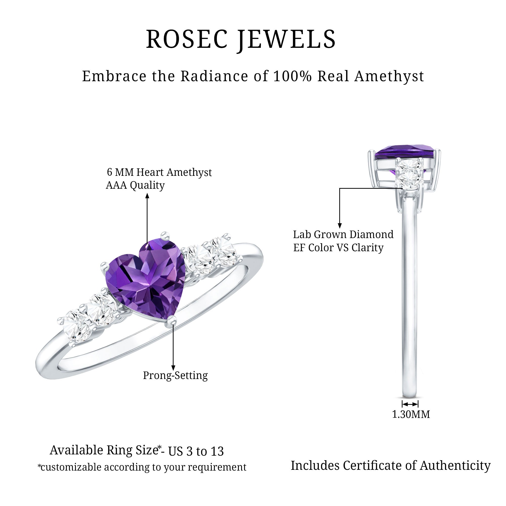 0.9 Carat Amethyst Heart Promise Ring with Diamonds AAA - Rosec Jewels