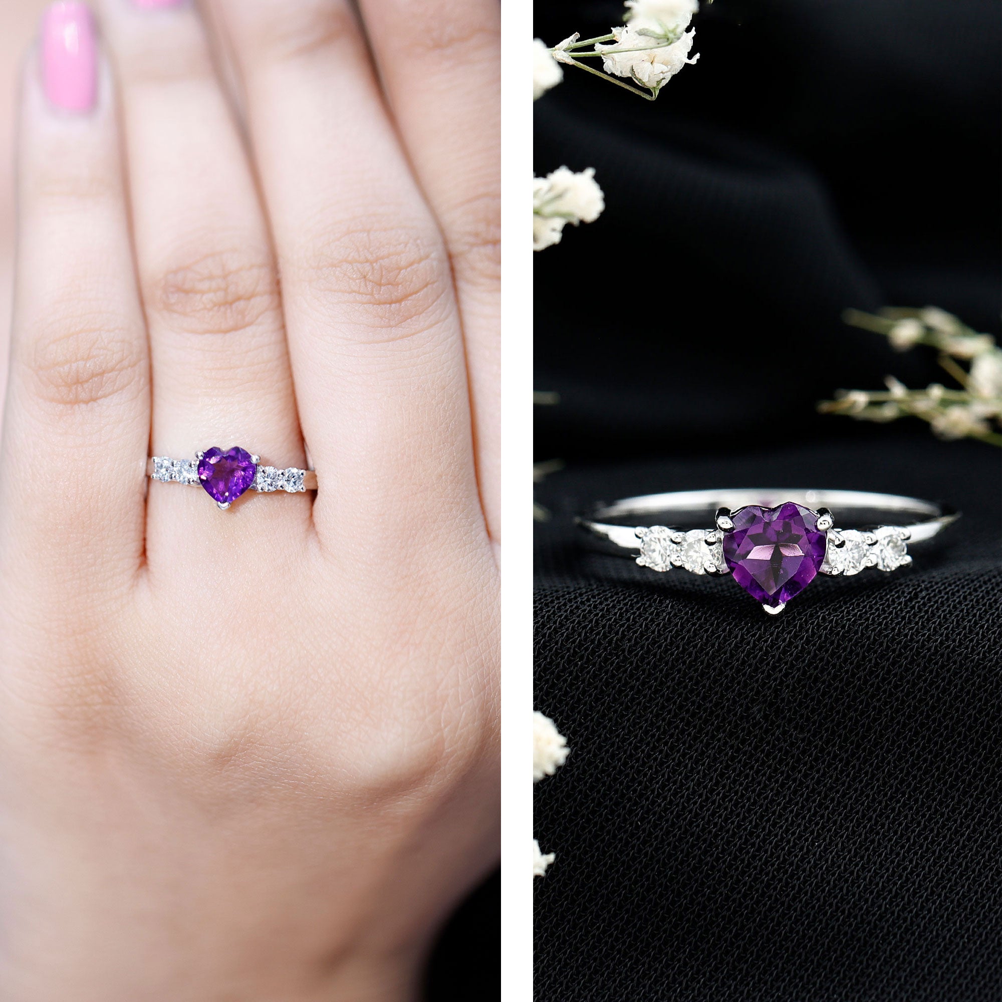 0.9 Carat Amethyst Heart Promise Ring with Diamonds AAA - Rosec Jewels