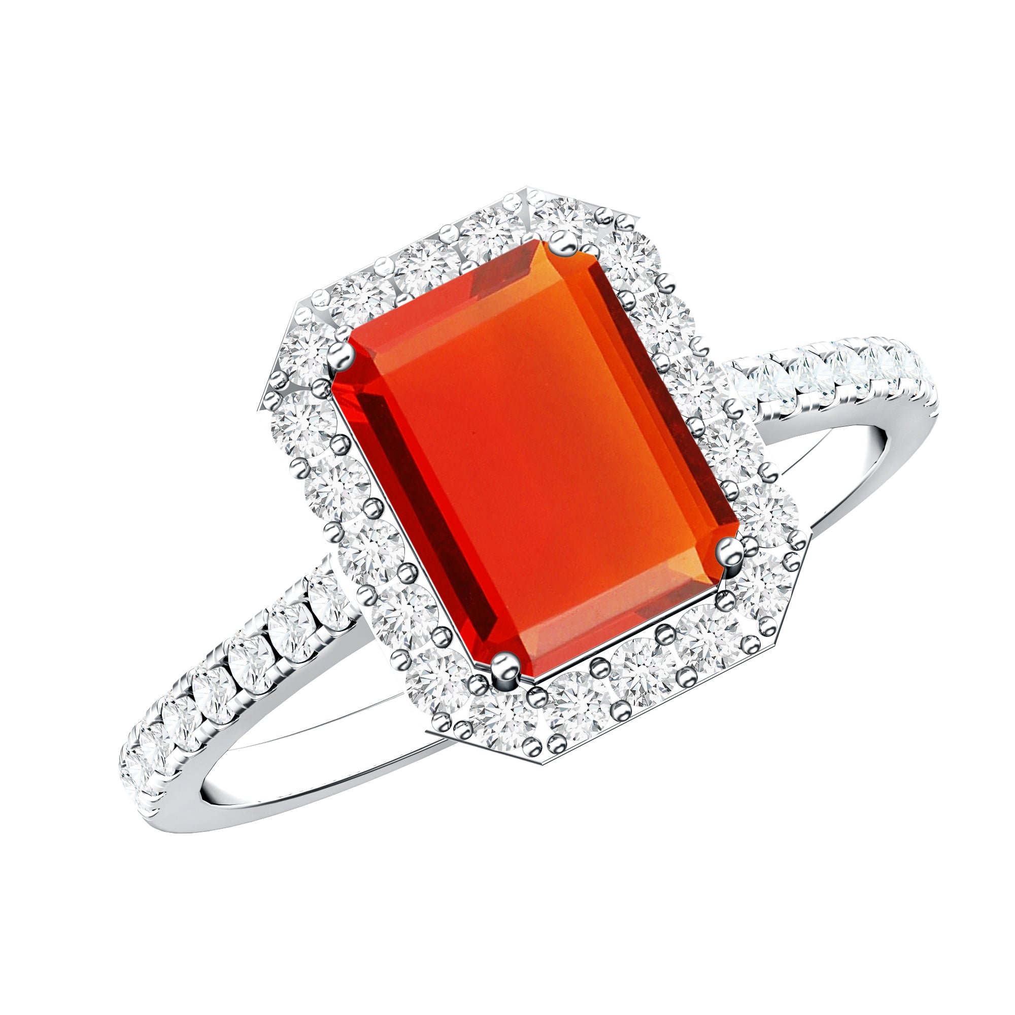 Emerald Cut Fire Opal Simple Engagement Ring with Diamond Halo AAA - Rosec Jewels