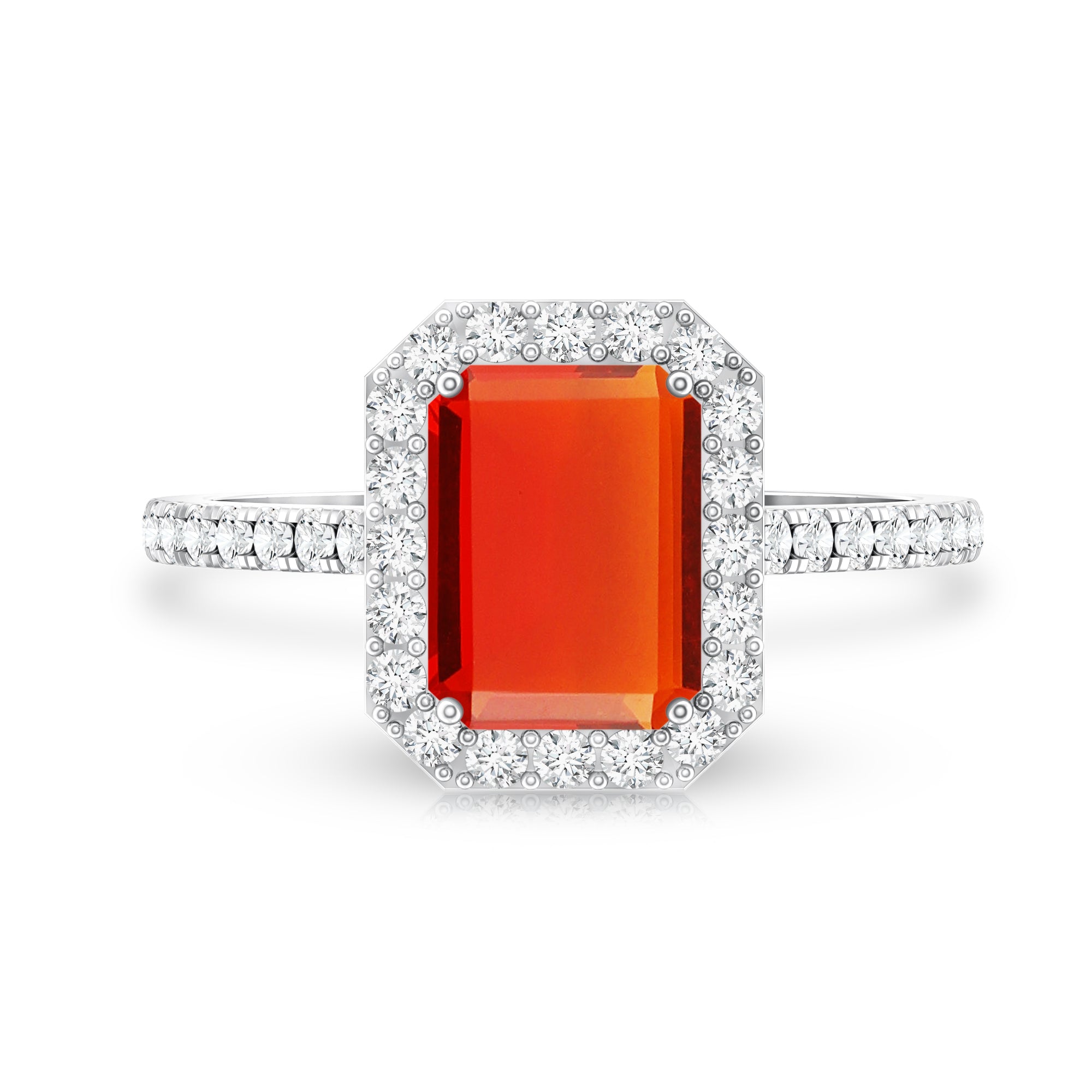 Emerald Cut Fire Opal Simple Engagement Ring with Diamond Halo AAA - Rosec Jewels