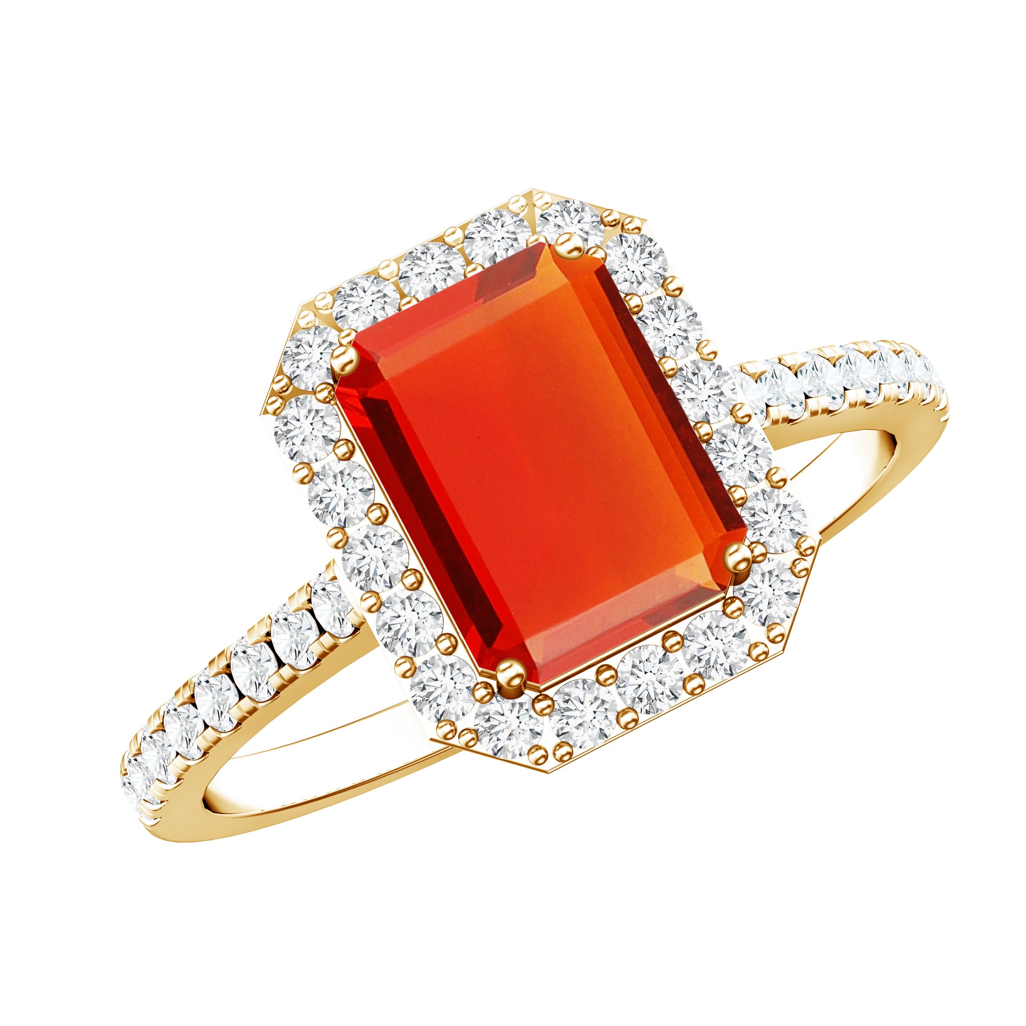Emerald Cut Fire Opal Simple Engagement Ring with Diamond Halo AAA - Rosec Jewels