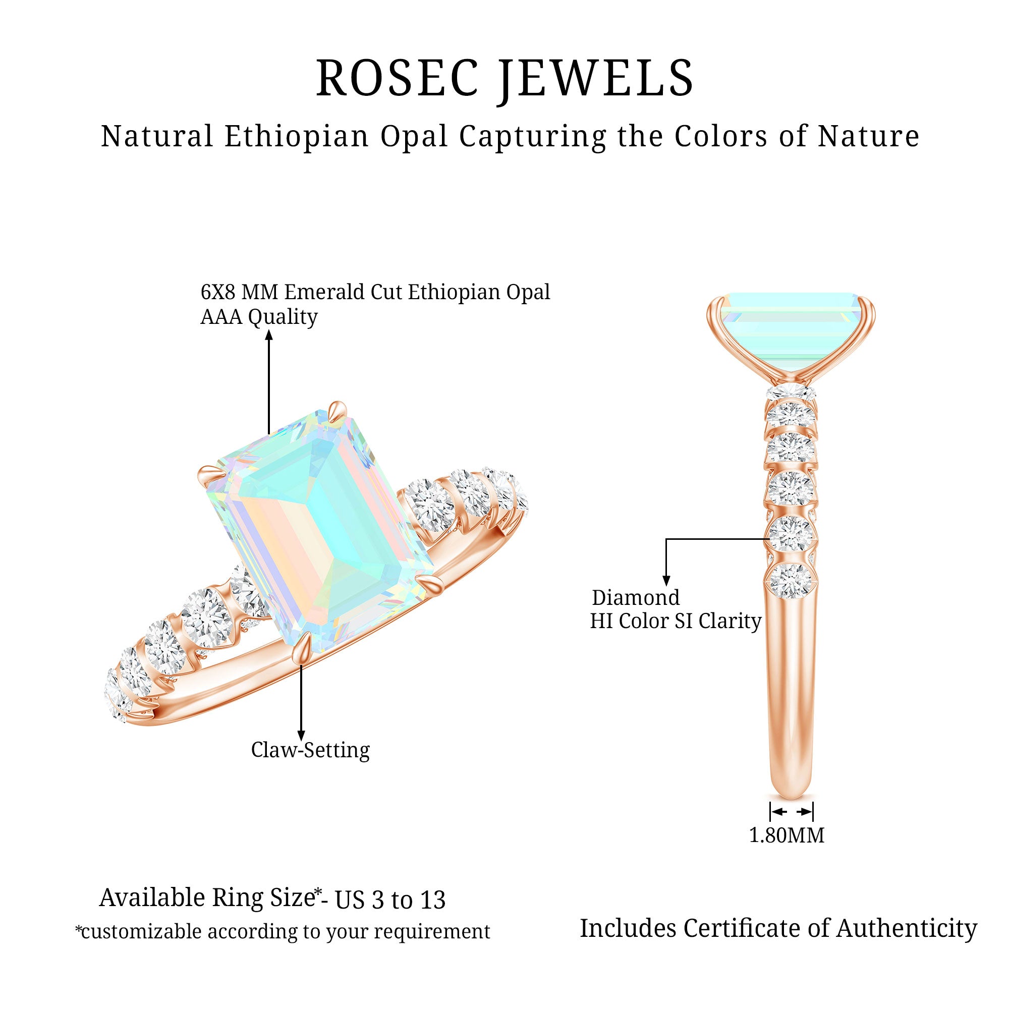 Genuine Ethiopian Opal Emerald Cut Engagement Ring with Diamond Side Stones AAA - Rosec Jewels