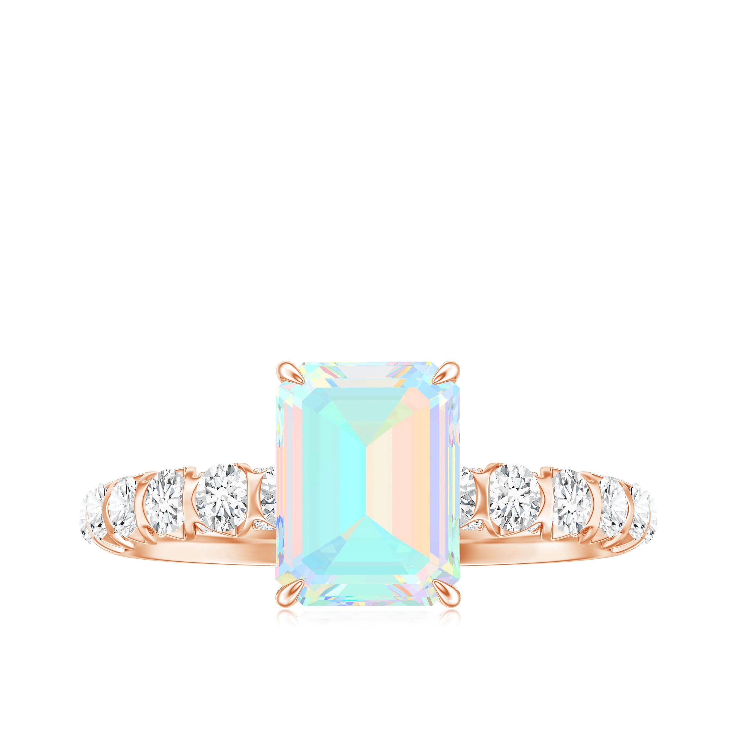 Genuine Ethiopian Opal Emerald Cut Engagement Ring with Diamond Side Stones AAA - Rosec Jewels