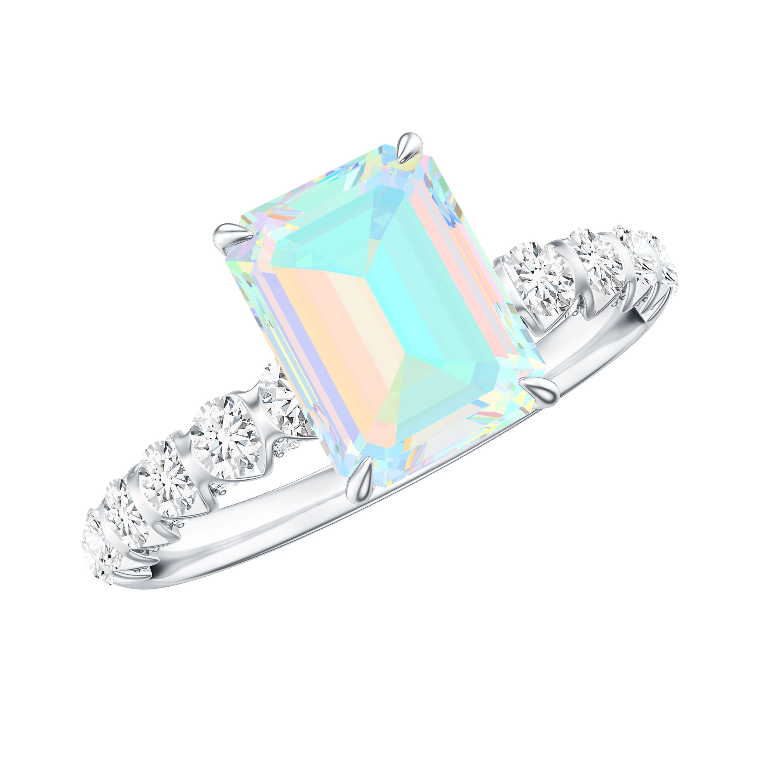 Genuine Ethiopian Opal Emerald Cut Engagement Ring with Diamond Side Stones AAA - Rosec Jewels