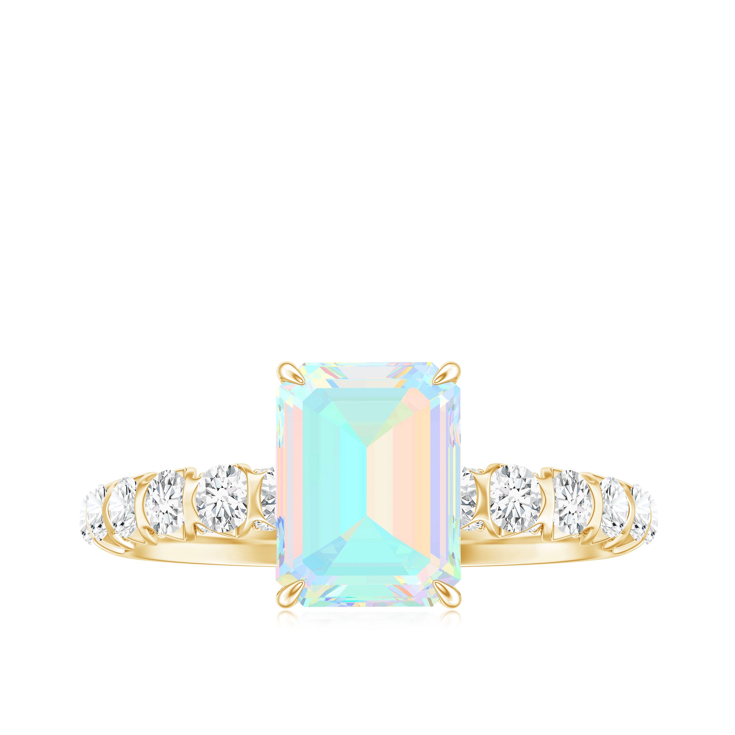 Genuine Ethiopian Opal Emerald Cut Engagement Ring with Diamond Side Stones AAA - Rosec Jewels