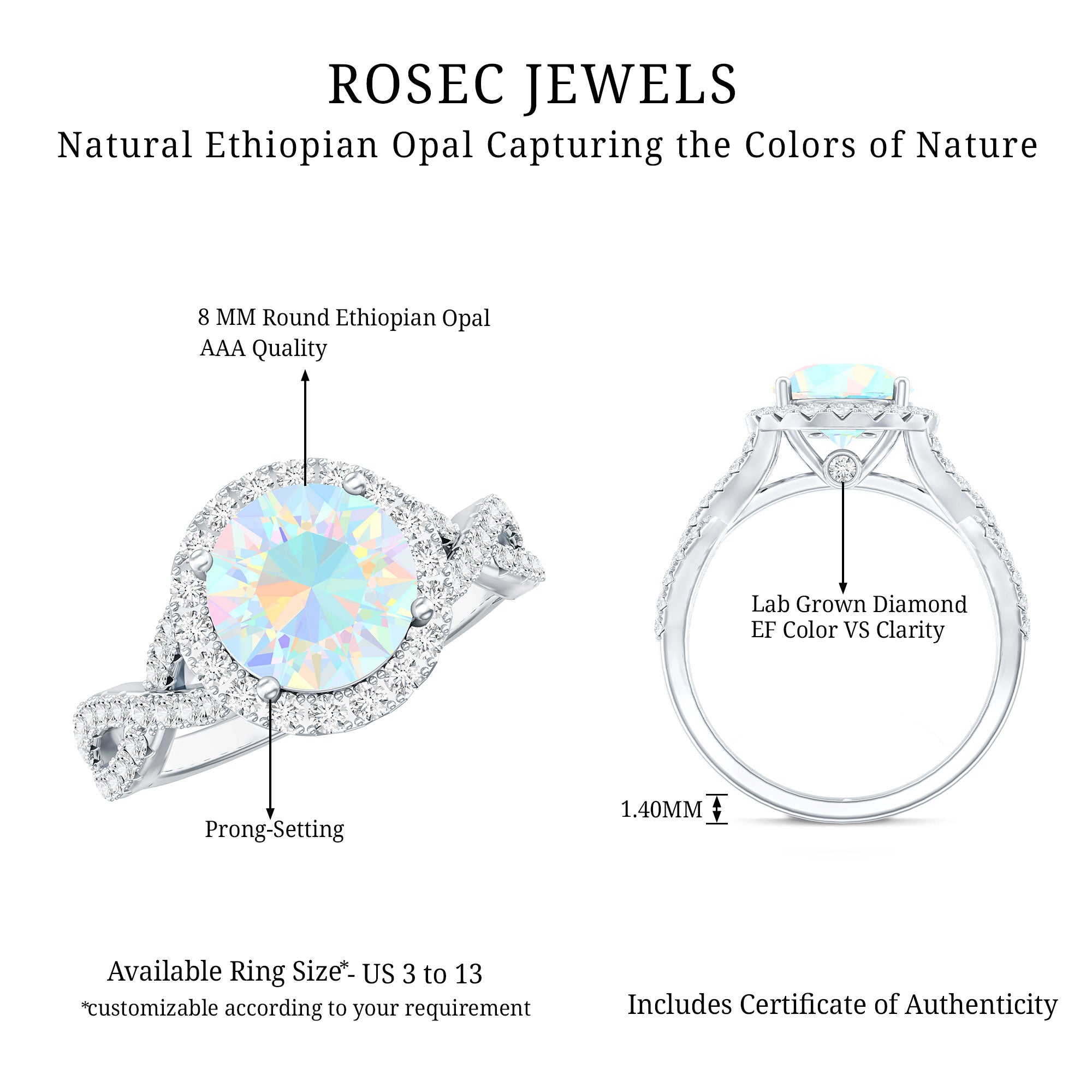 Real 2 Carat Ethiopian Opal Halo Engagement Ring with Crossover Shank AAA - Rosec Jewels
