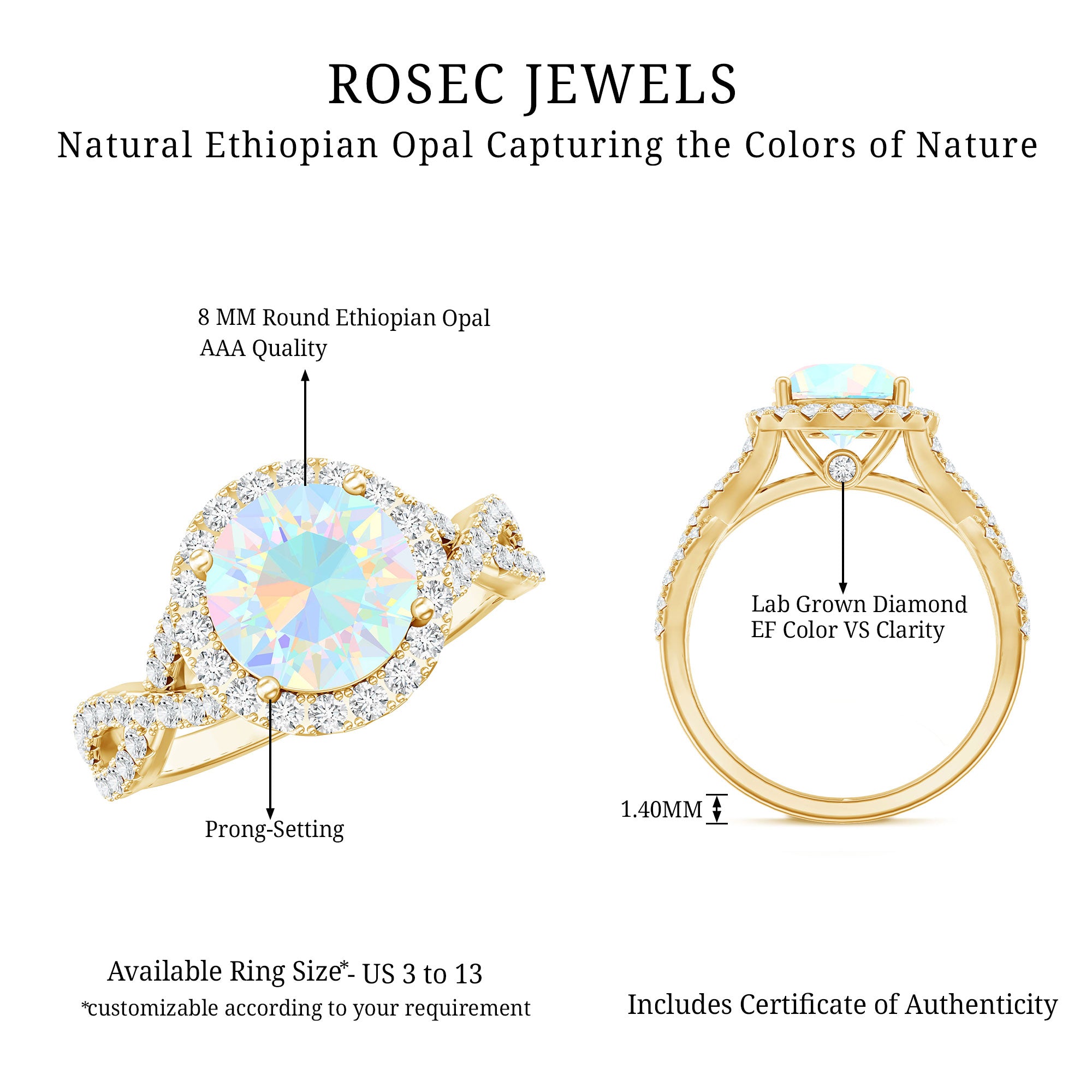 Real 2 Carat Ethiopian Opal Halo Engagement Ring with Crossover Shank AAA - Rosec Jewels
