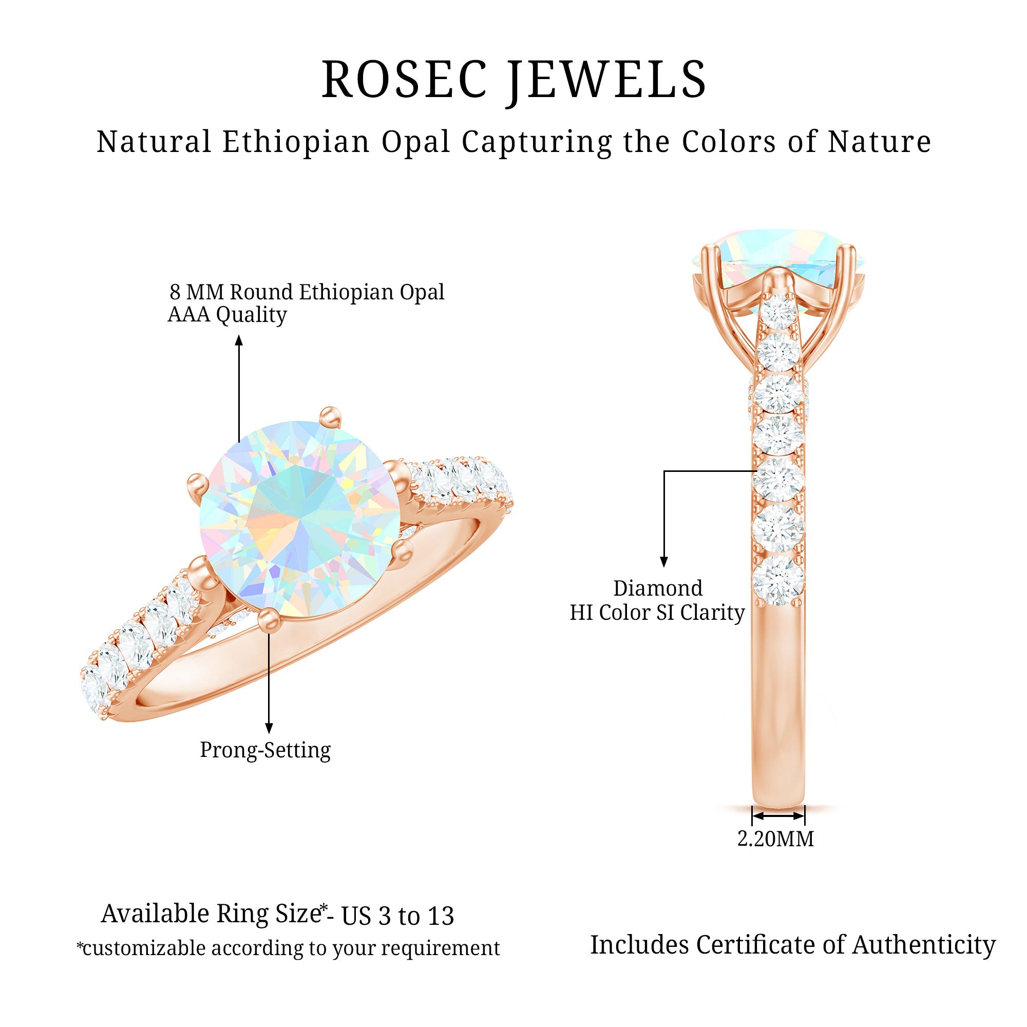 Natural 2 Carat Ethiopian Opal Diamond Engagement Ring with Side Stones AAA - Rosec Jewels