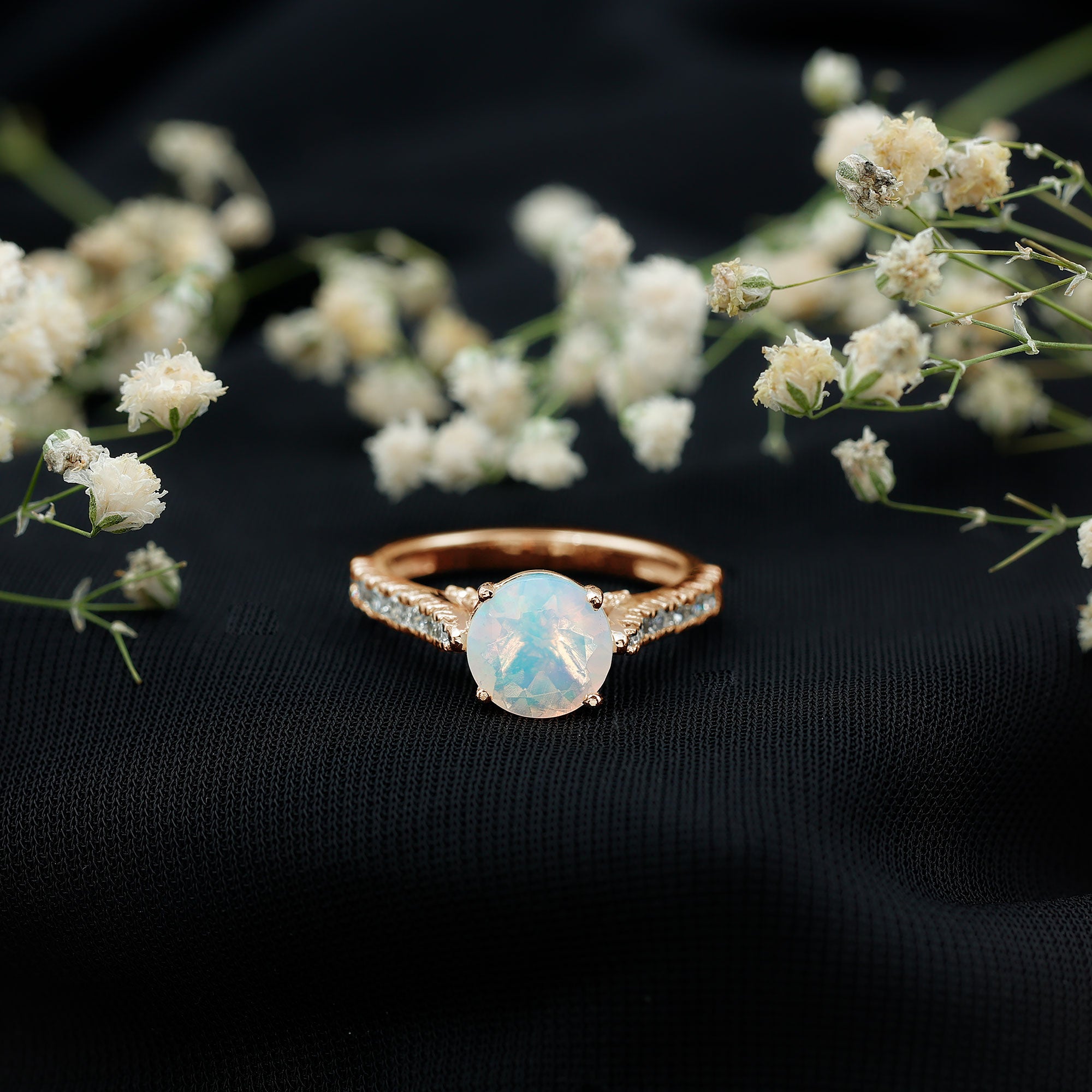 Natural 2 Carat Ethiopian Opal Diamond Engagement Ring with Side Stones AAA - Rosec Jewels