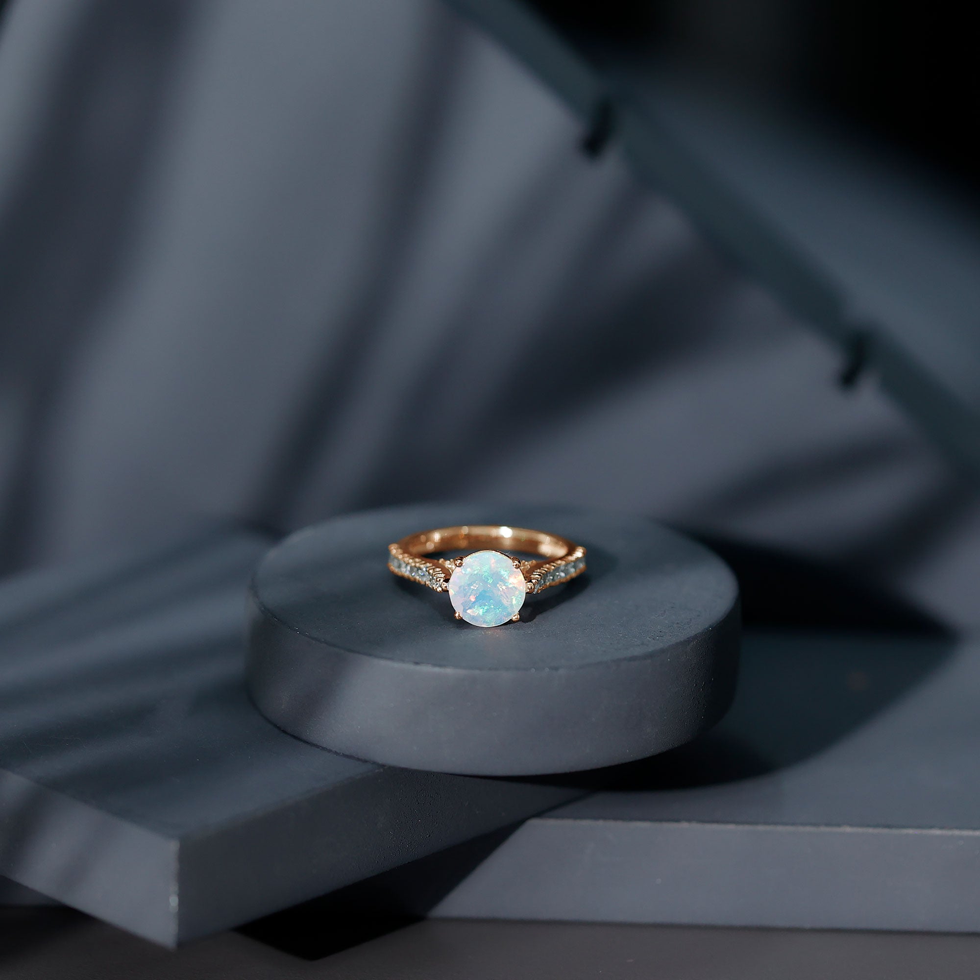 Natural 2 Carat Ethiopian Opal Diamond Engagement Ring with Side Stones AAA - Rosec Jewels