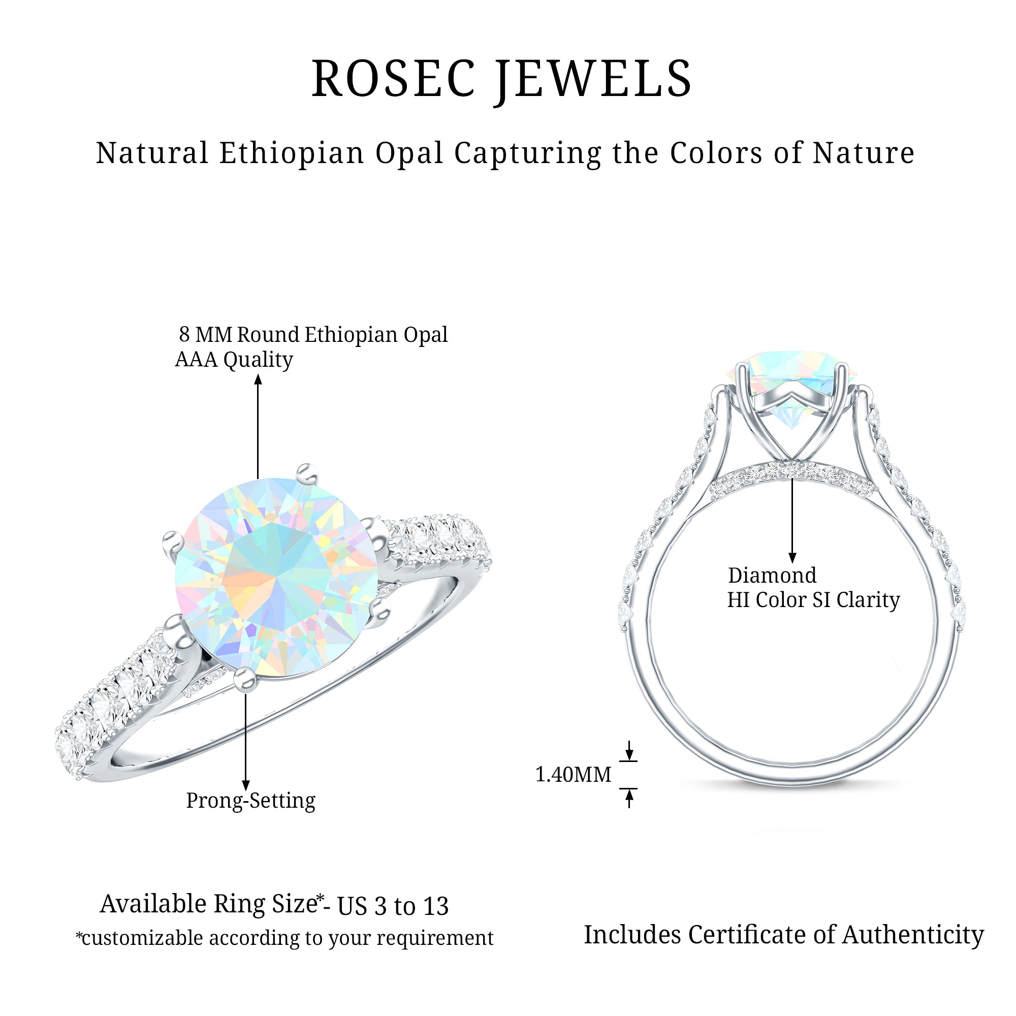 Natural 2 Carat Ethiopian Opal Diamond Engagement Ring with Side Stones AAA - Rosec Jewels