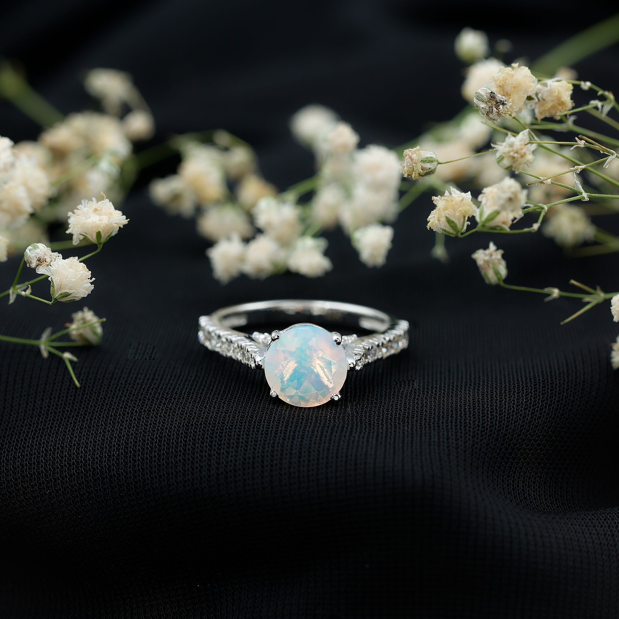 Natural 2 Carat Ethiopian Opal Diamond Engagement Ring with Side Stones AAA - Rosec Jewels