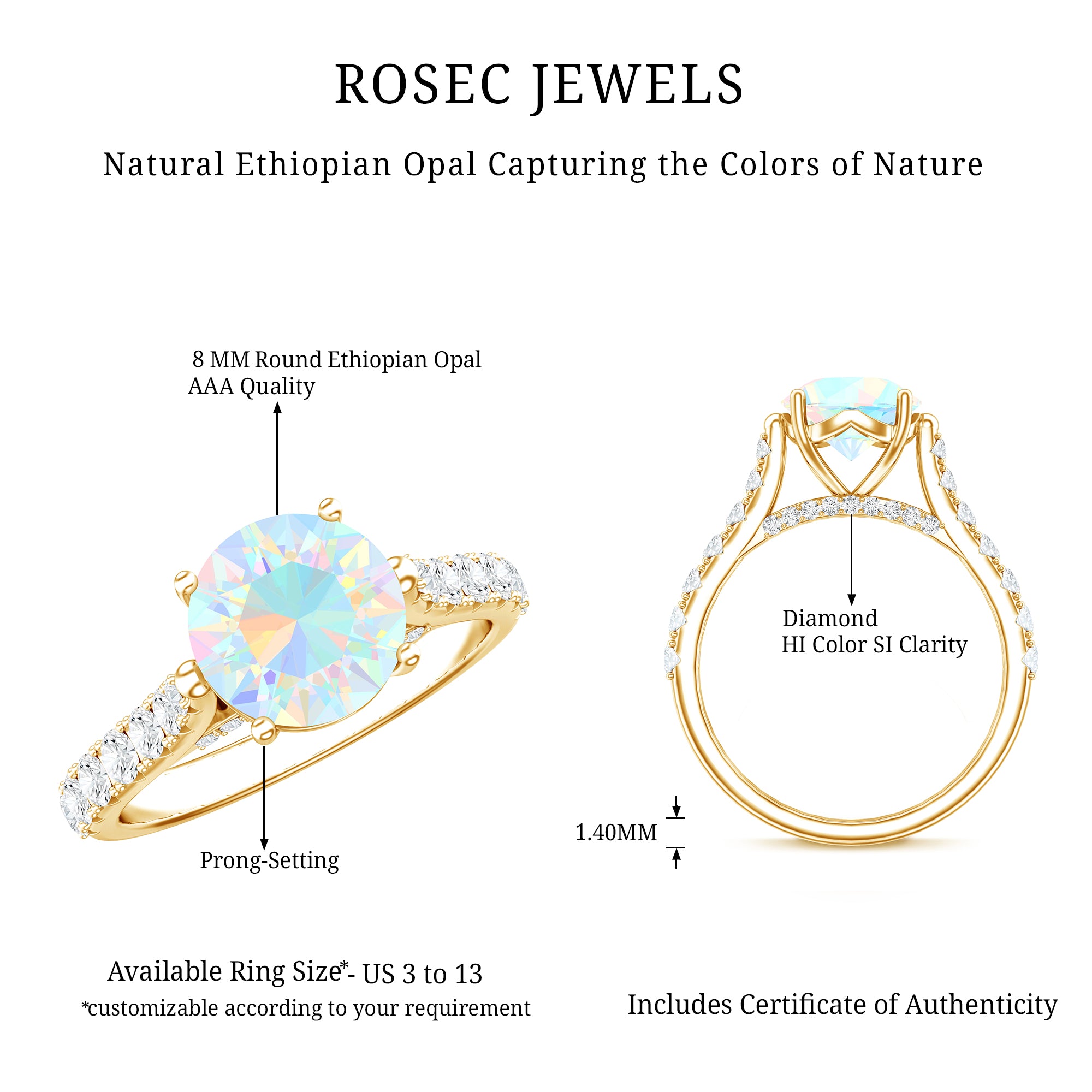 Natural 2 Carat Ethiopian Opal Diamond Engagement Ring with Side Stones AAA - Rosec Jewels