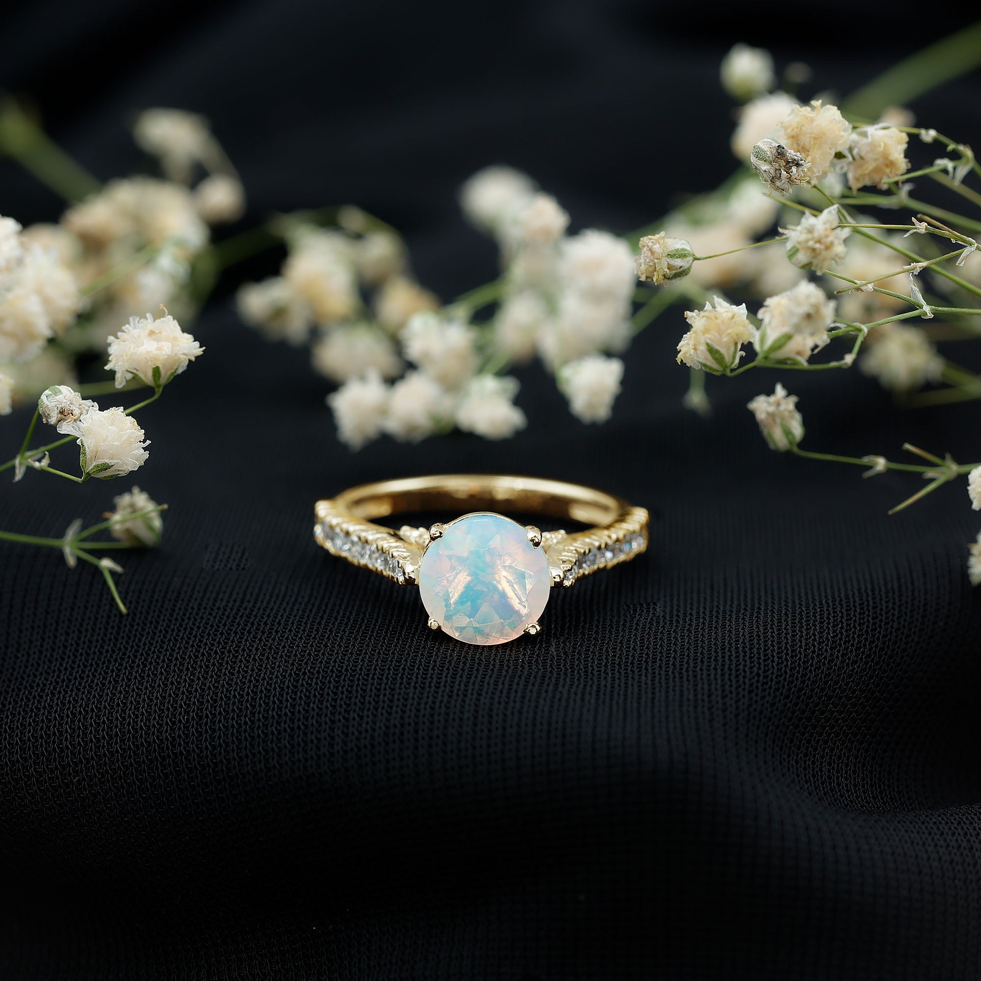 Natural 2 Carat Ethiopian Opal Diamond Engagement Ring with Side Stones AAA - Rosec Jewels