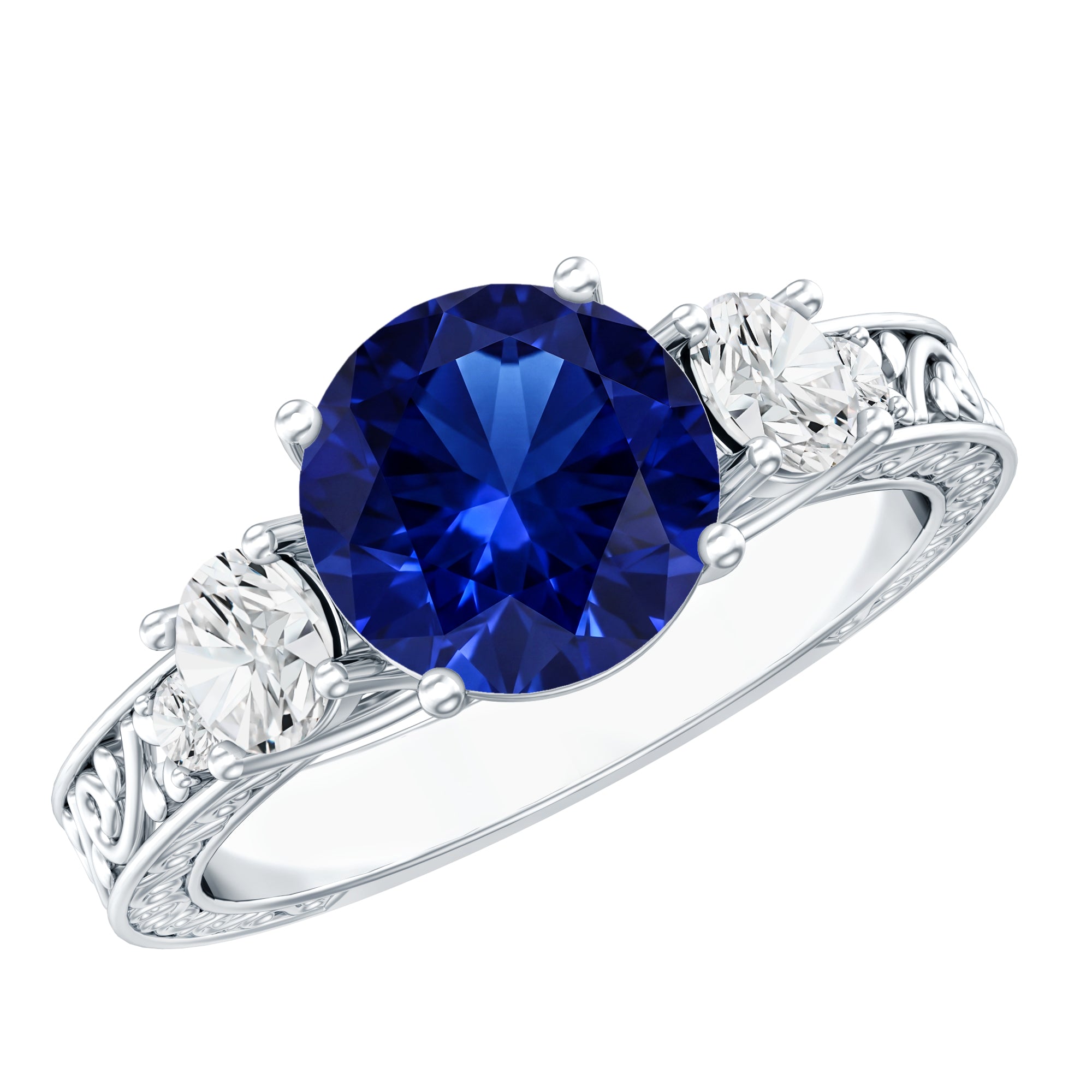 Round Created Blue Sapphire and Moissanite Art Deco Engagement Ring in Gold AAAA - Rosec Jewels