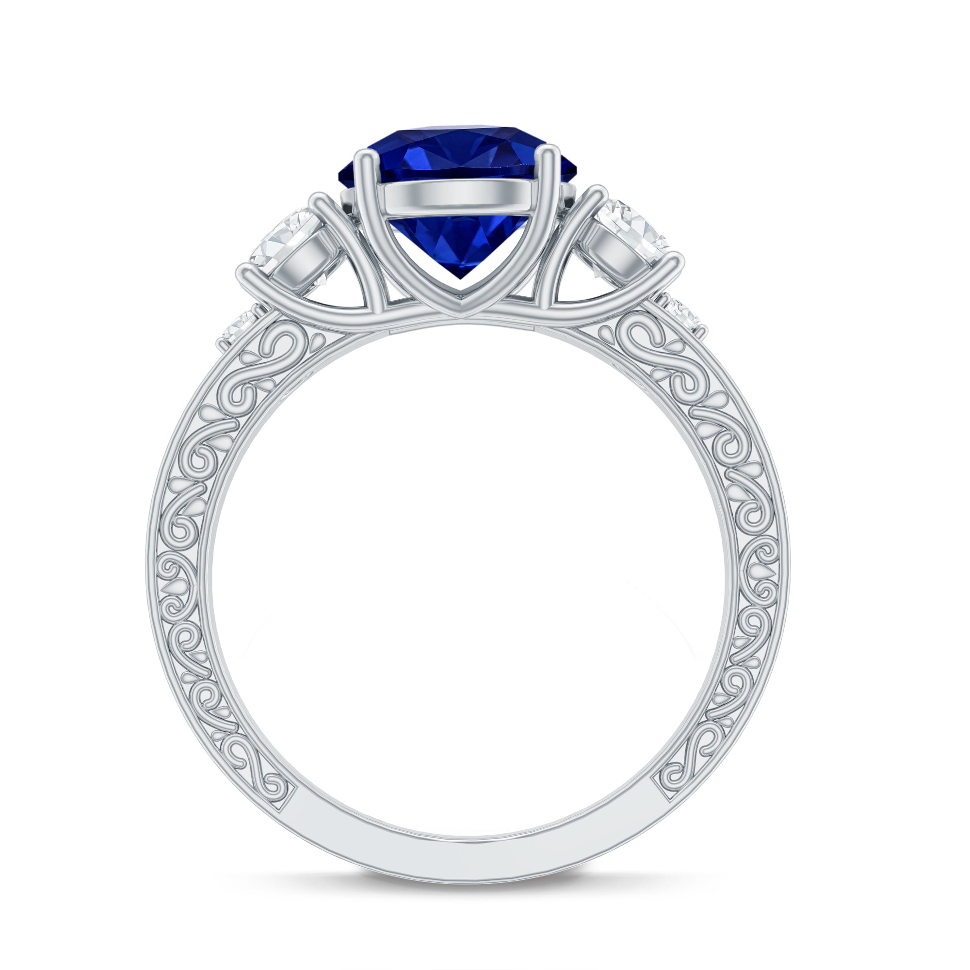 Round Created Blue Sapphire and Moissanite Art Deco Engagement Ring in Gold AAAA - Rosec Jewels