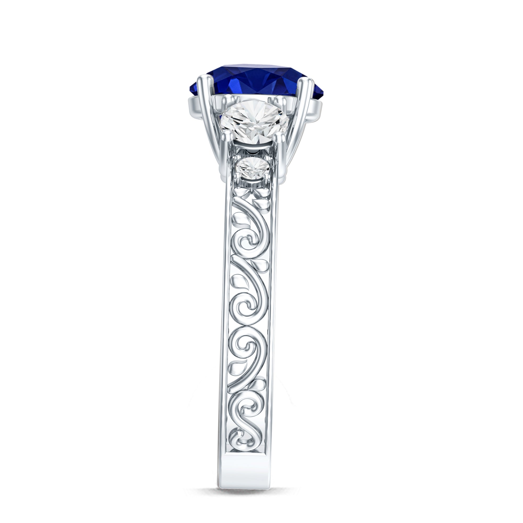Round Created Blue Sapphire and Moissanite Art Deco Engagement Ring in Gold AAAA - Rosec Jewels