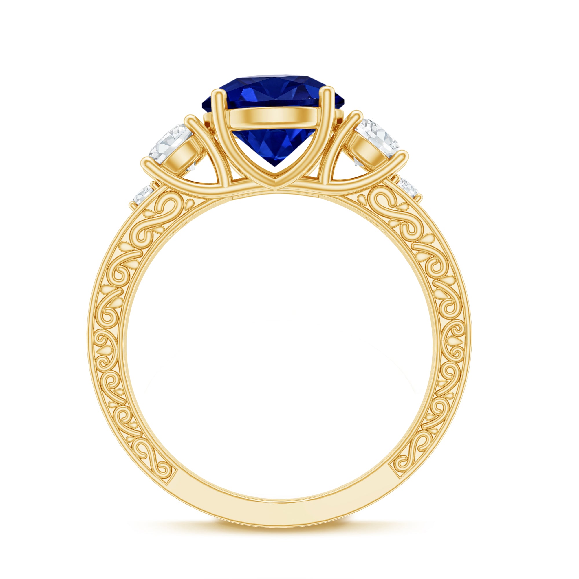Round Created Blue Sapphire and Moissanite Art Deco Engagement Ring in Gold AAAA - Rosec Jewels