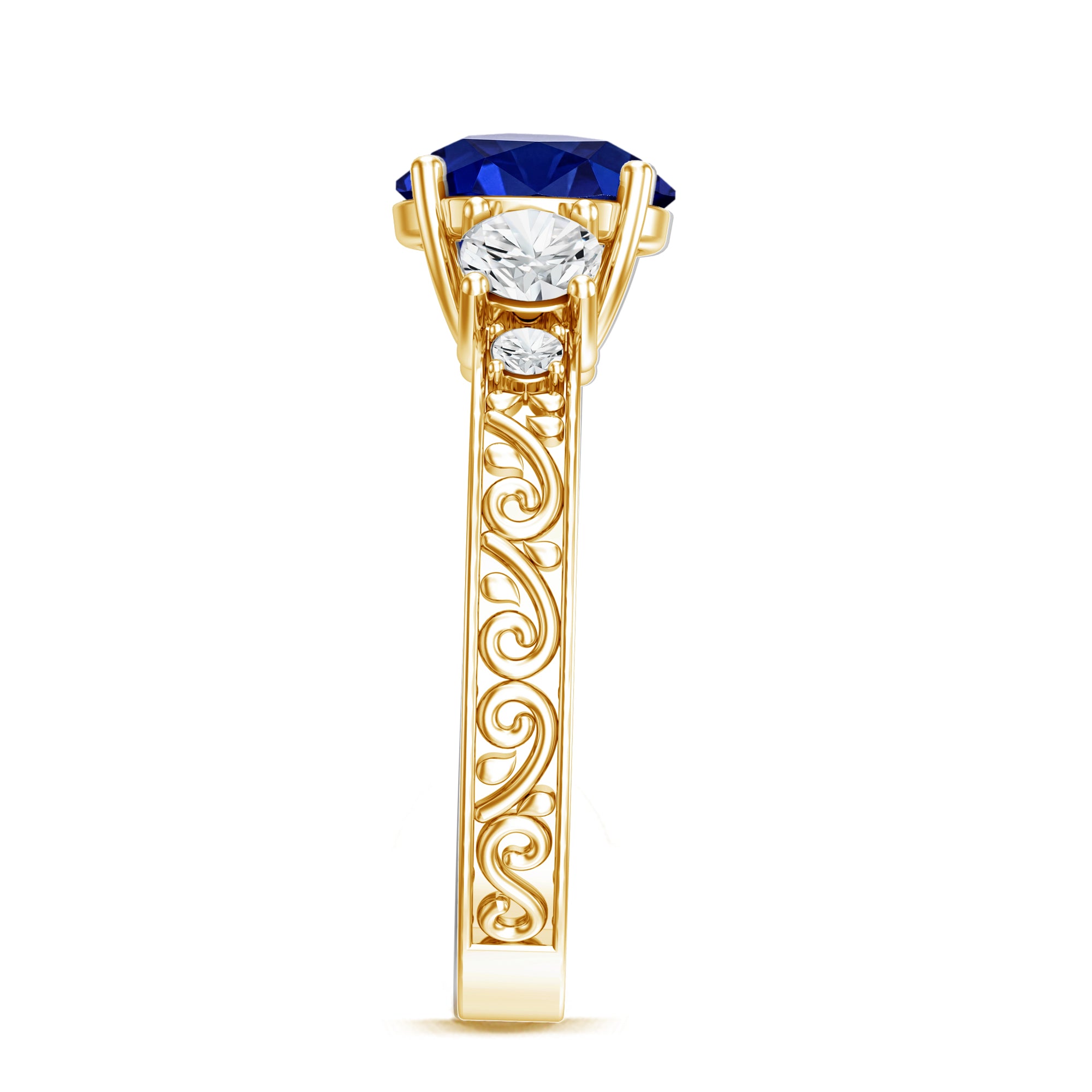 Round Created Blue Sapphire and Moissanite Art Deco Engagement Ring in Gold AAAA - Rosec Jewels