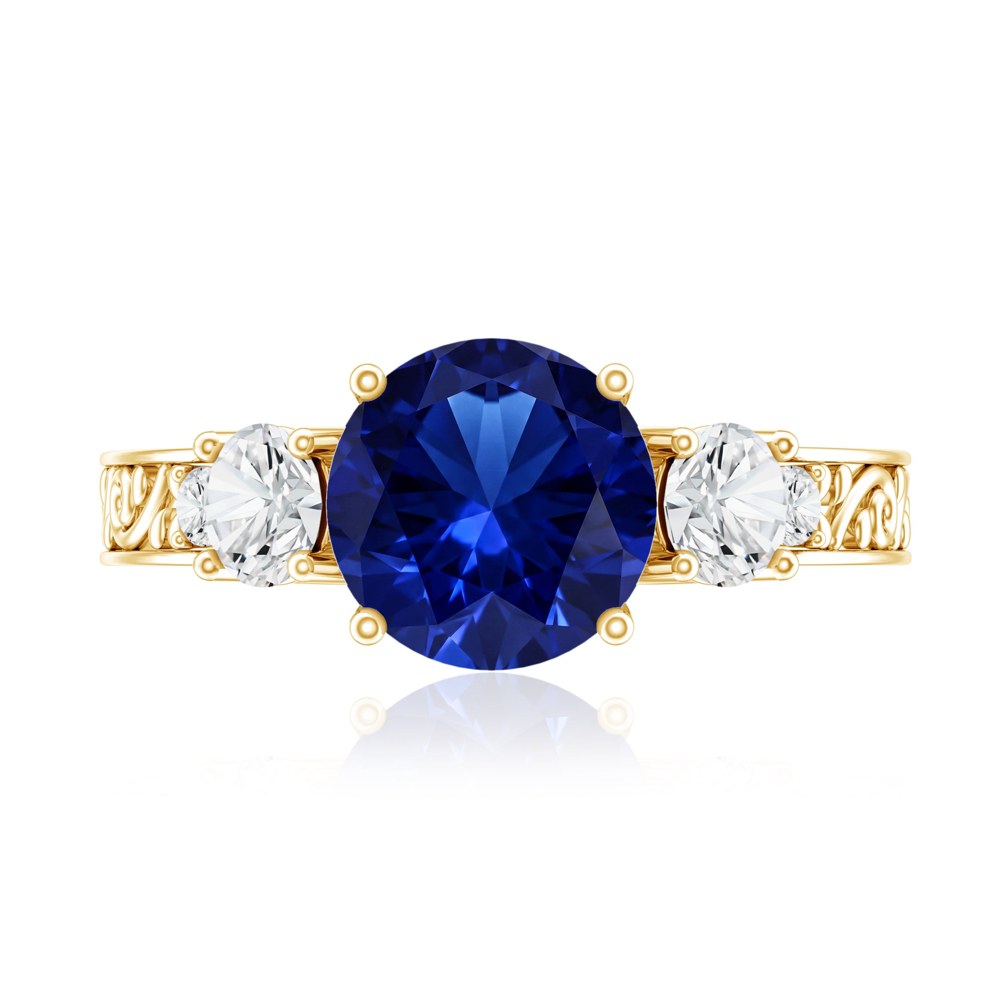 Round Created Blue Sapphire and Moissanite Art Deco Engagement Ring in Gold AAAA - Rosec Jewels