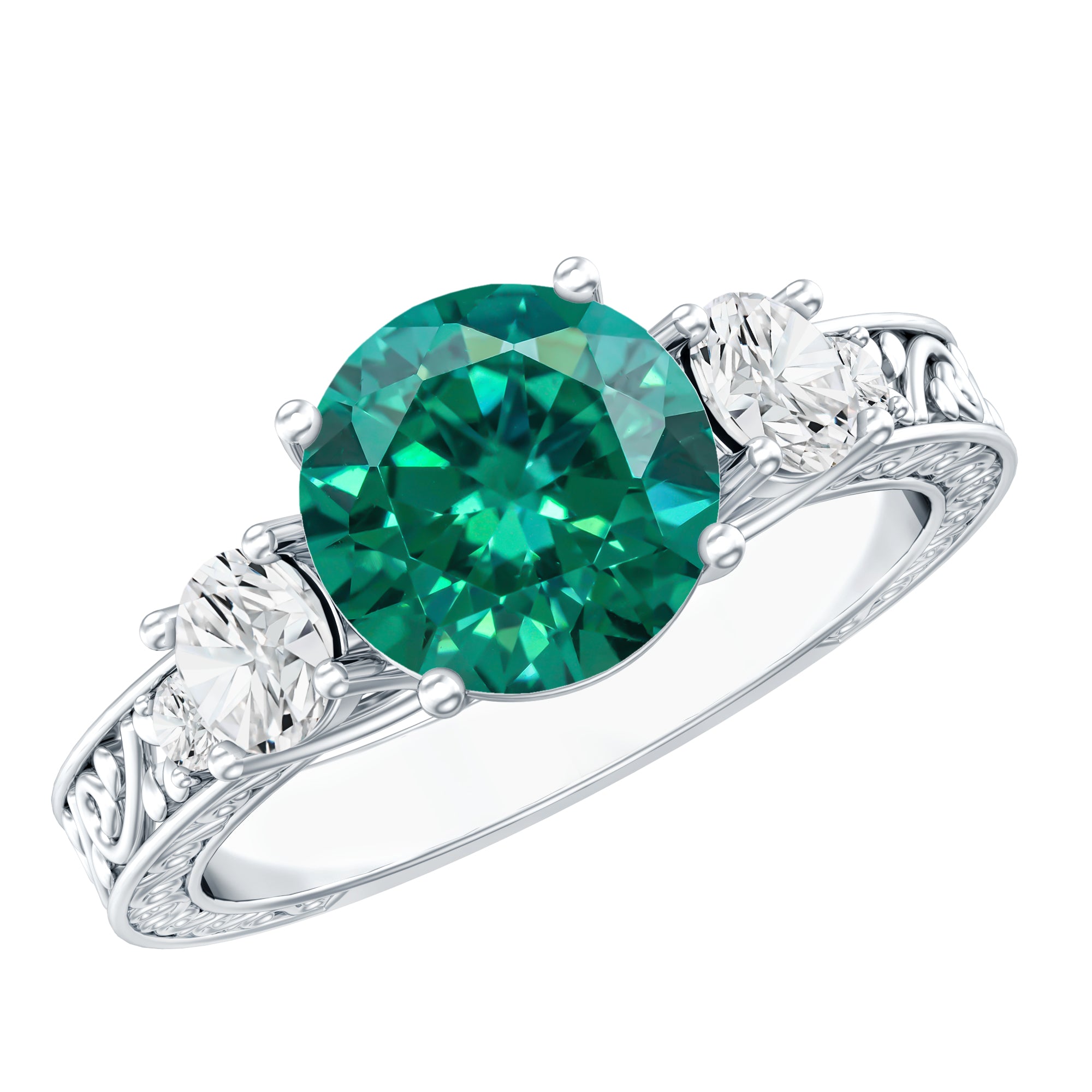 Antique Style Lab Grown Emerald Three Stone Engagement Ring with Moissanite AAAA - Rosec Jewels