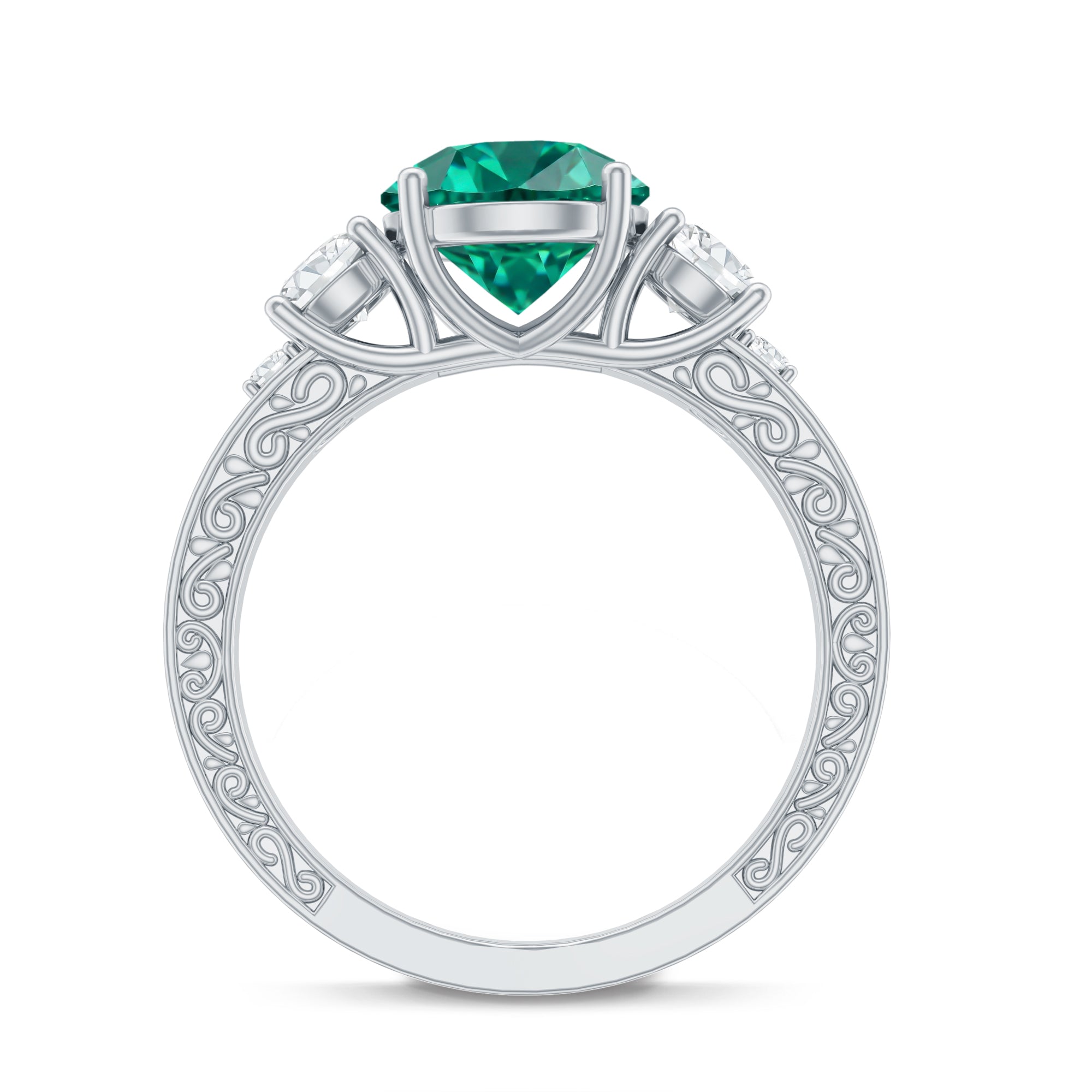 Antique Style Lab Grown Emerald Three Stone Engagement Ring with Moissanite AAAA - Rosec Jewels