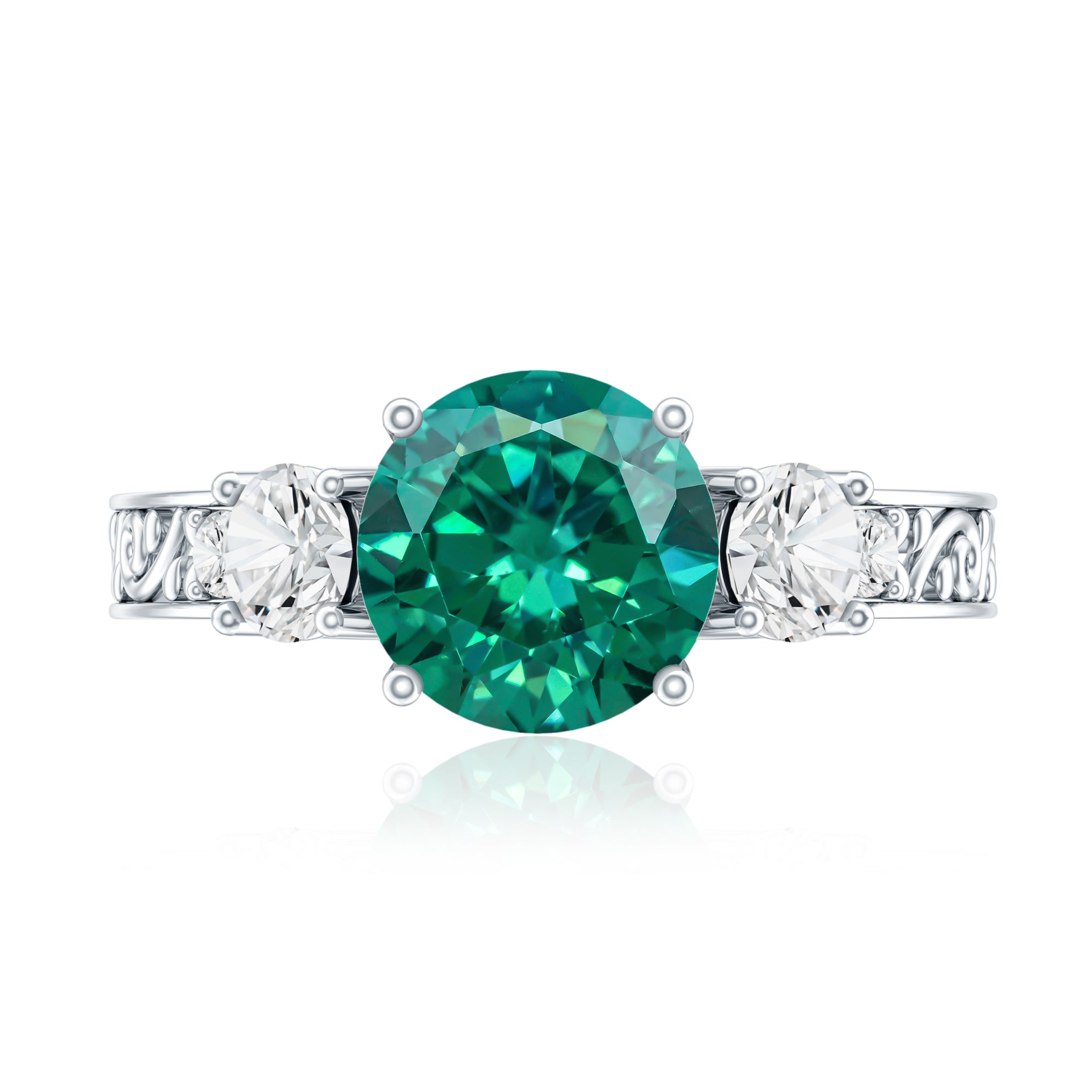 Antique Style Lab Grown Emerald Three Stone Engagement Ring with Moissanite AAAA - Rosec Jewels