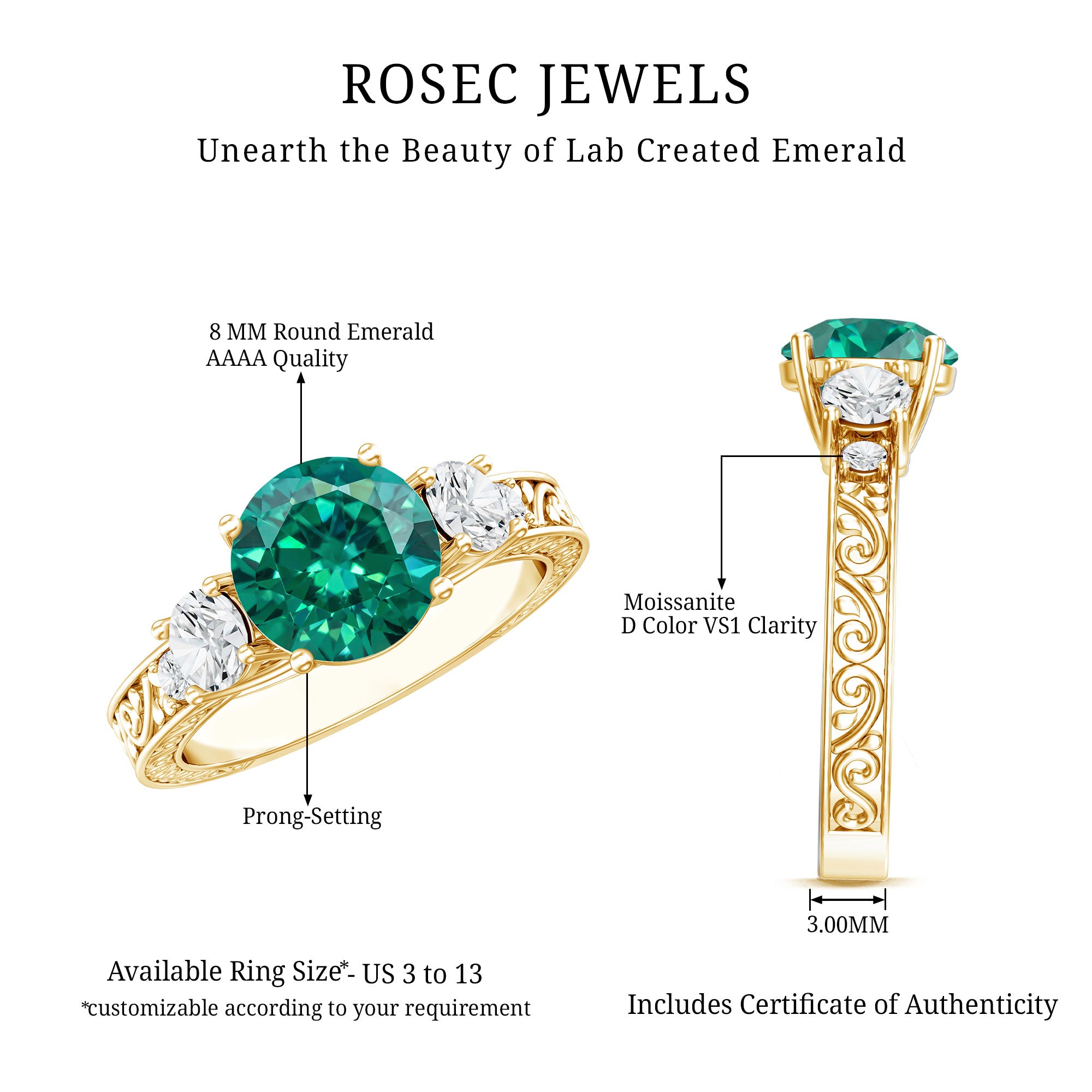 Antique Style Lab Grown Emerald Three Stone Engagement Ring with Moissanite AAAA - Rosec Jewels