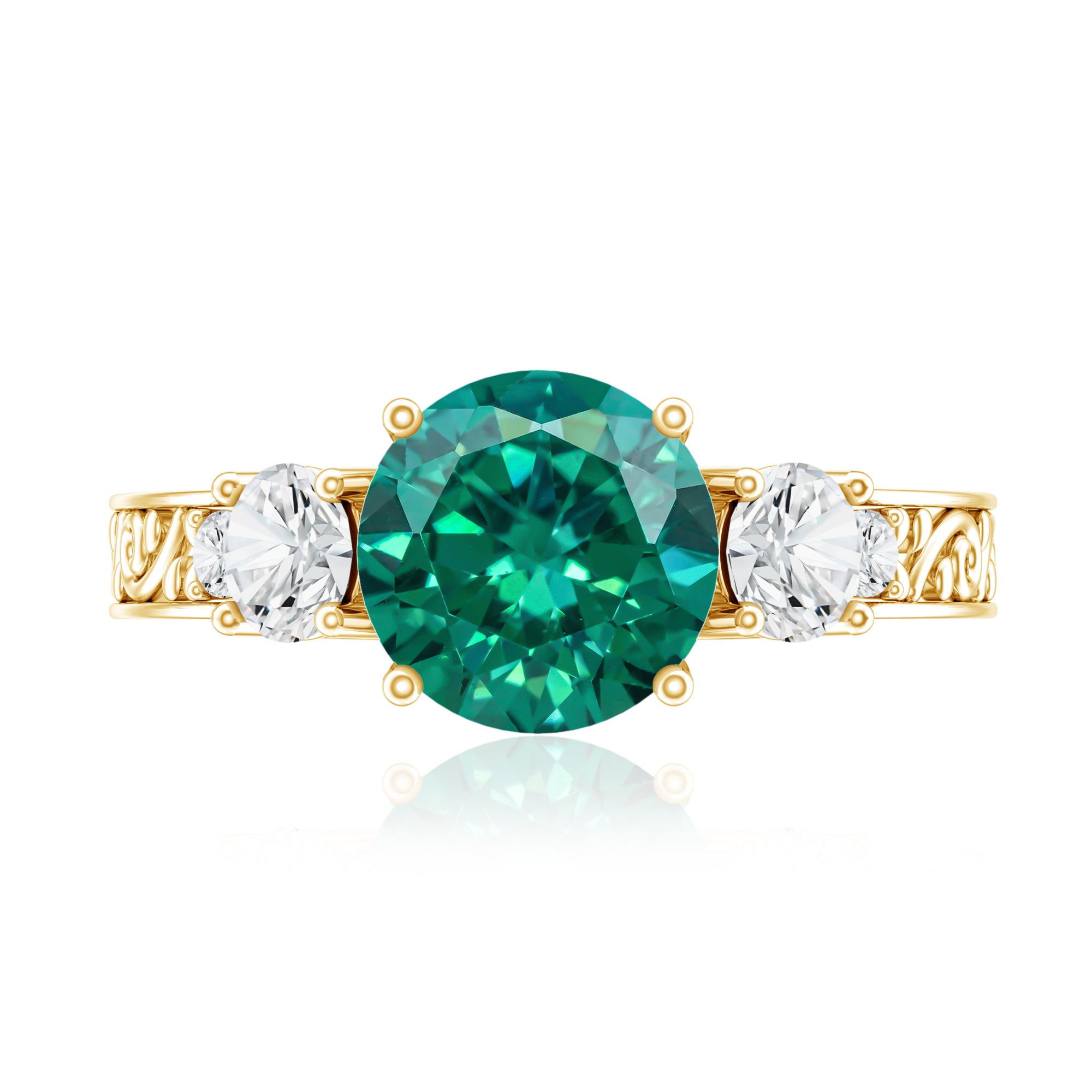 Antique Style Lab Grown Emerald Three Stone Engagement Ring with Moissanite AAAA - Rosec Jewels