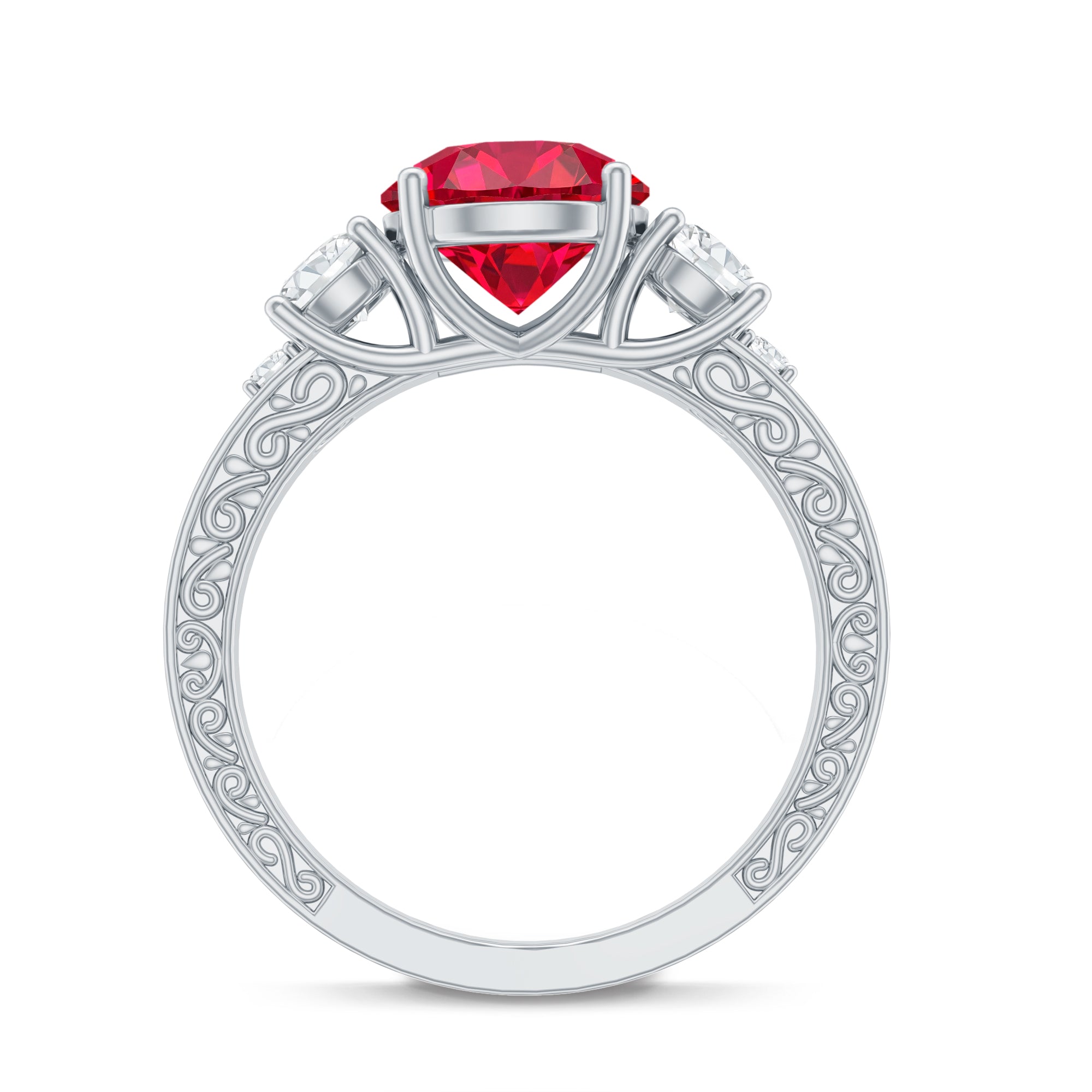 Lab Grown Ruby and Moissanite 3 Stone Engagement Ring With Certificate AAAA - Rosec Jewels