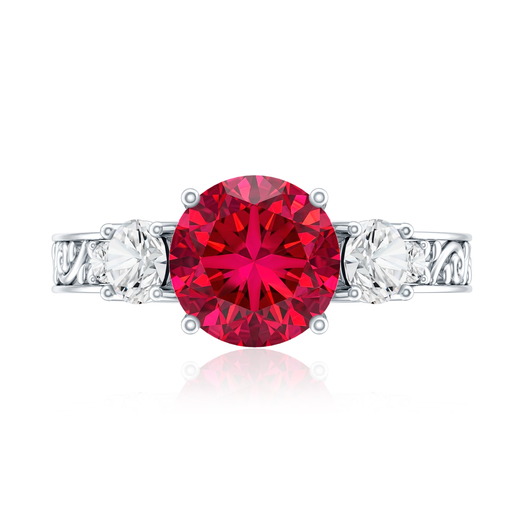Lab Grown Ruby and Moissanite 3 Stone Engagement Ring With Certificate AAAA - Rosec Jewels