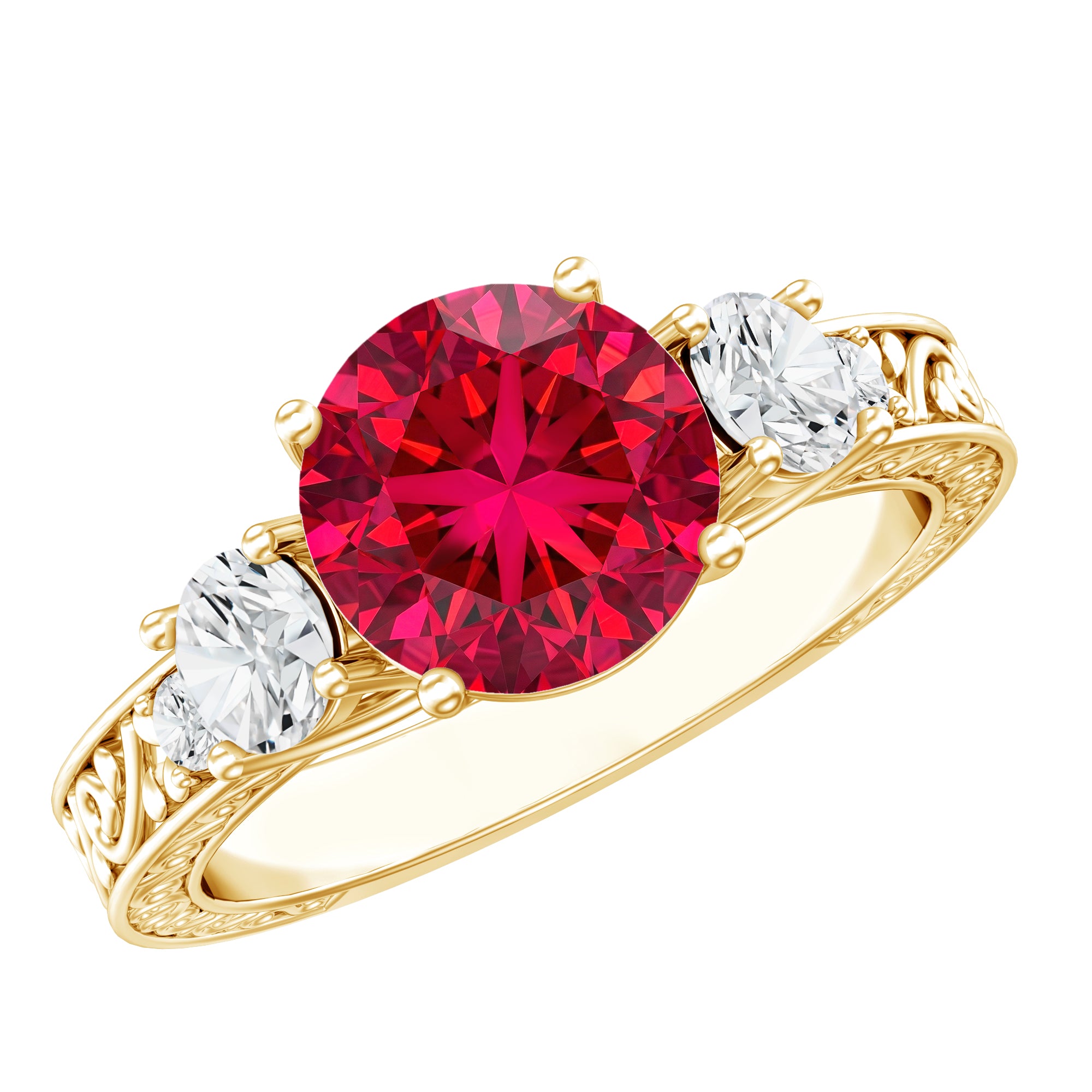 Lab Grown Ruby and Moissanite 3 Stone Engagement Ring With Certificate AAAA - Rosec Jewels